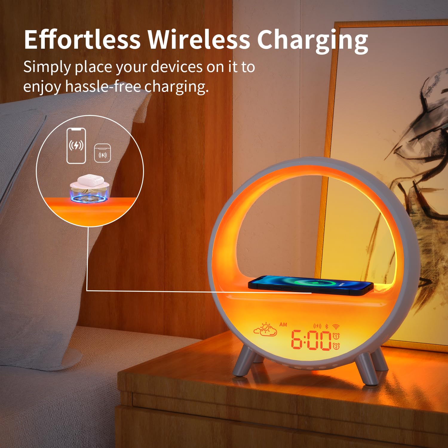 MOMILLA Sunrise Wecker mit kabellosem Ladegerät, Lautsprecher, Bluetooth, kabellos