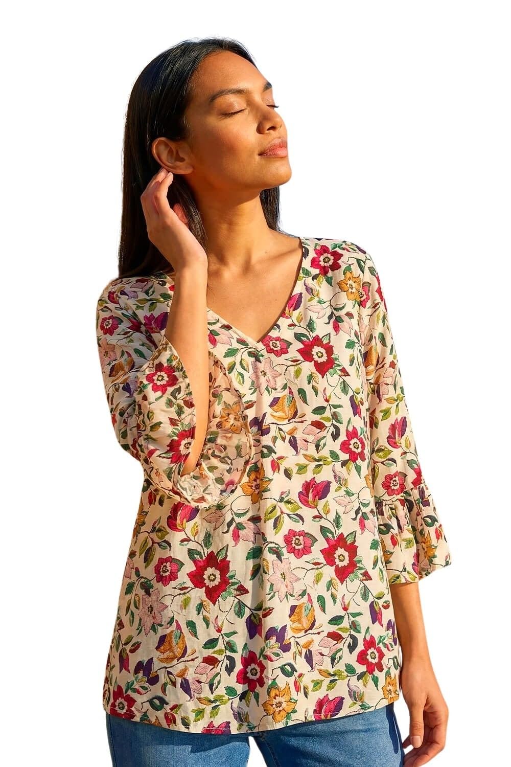 Roman Women's Multicolor Floral Print Flare Sleeve Top | : Size 12