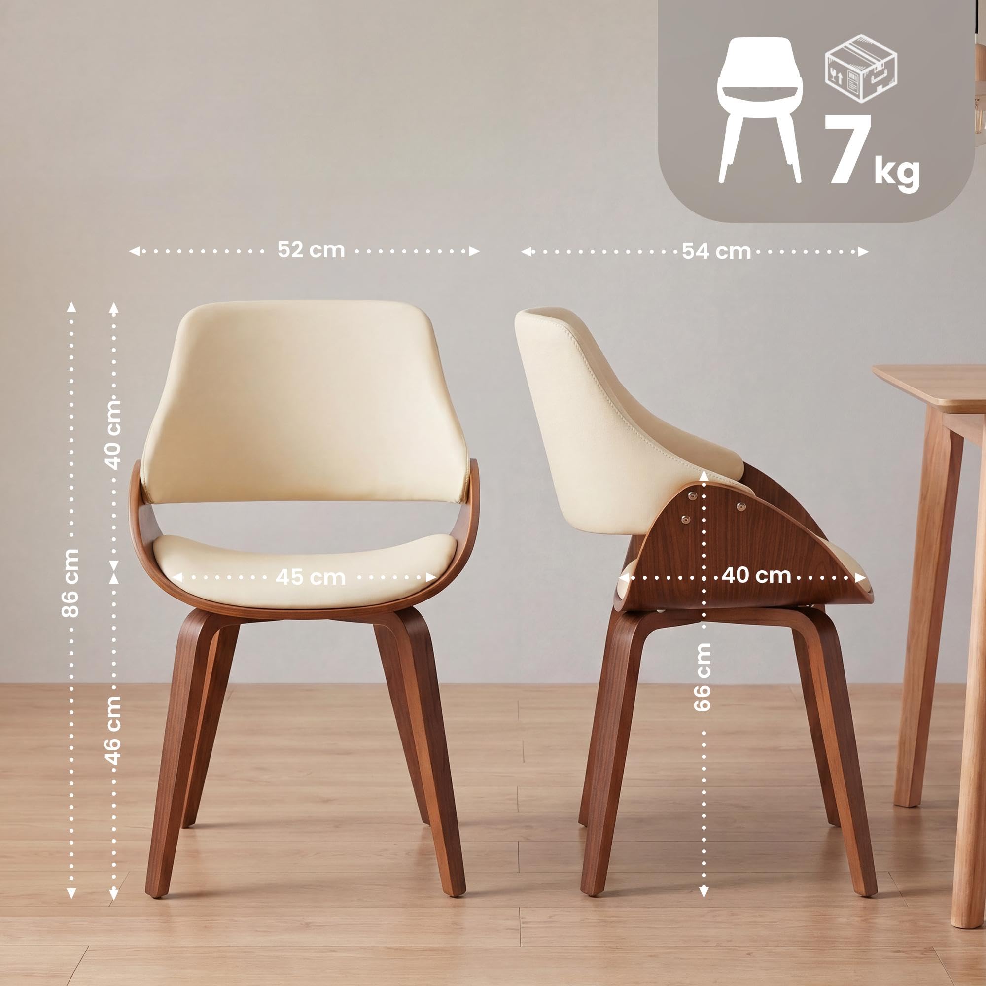 CLP Sedia da Pranzo Imbottita Vangale con Schienale, Sedia di Design Moderna in Legno Curvato per Soggiorno, Colore:noce/crema, Materiale:Ecopelle
