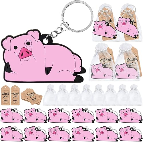 60 Pack Party Decorations, 20 Pink Pig Keychains, 20 Tags and 20 Gift Bags for Animal Lover, Farm Themed Birthday, Baby Shower, First Birthday