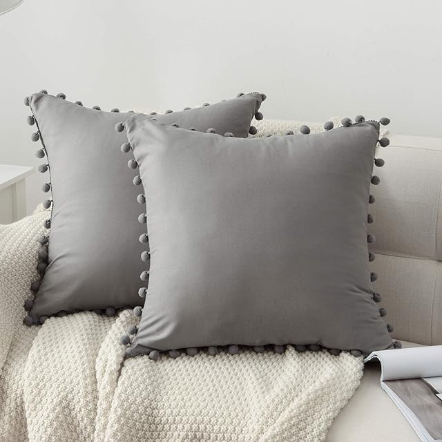 cawanfly 2 Packs Cute Pompom Cushion Covers 18x18 Inch Soft Square Decorative Throw Pillowcases for Livingroom Home Sofa Couch Bed Decor (18"X18", Grey)