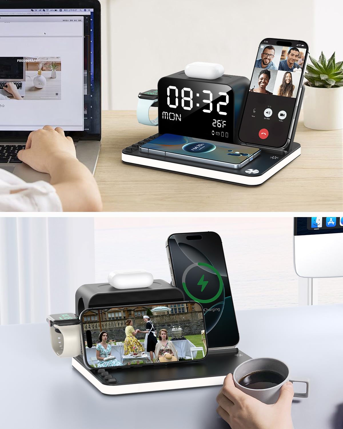 Stazione di Ricarica, Caricatore Wireless Doppio 7 in 1 con Orologio, Dock di Ricarica da Comodino con Luce, Adattatore da 33W, TimeSync, Caricatore Rapido per iPhone 17 16 15 14 13 12 Pro Max Apple