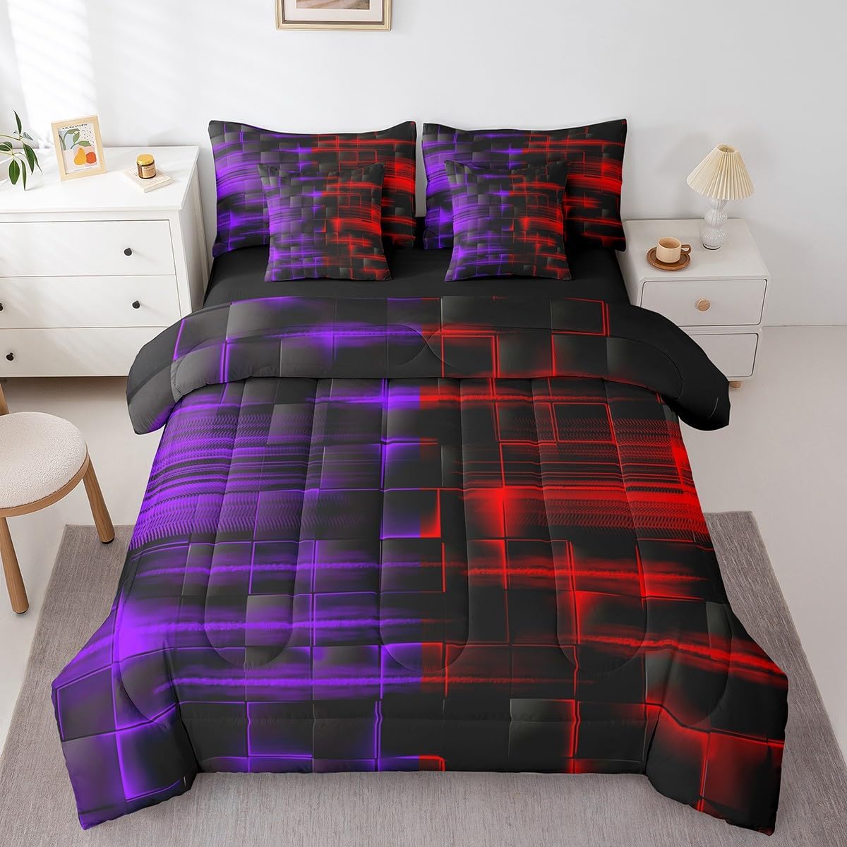 Feelyou Red and Purple Comforter Set with Sheets 7 Piece Queen Size Kids Geometric Bed in a BagStrip Lines Bedding Set Abstract Art Bed Set with Comforter, Sheets,Pillowcases,Cushion Covers