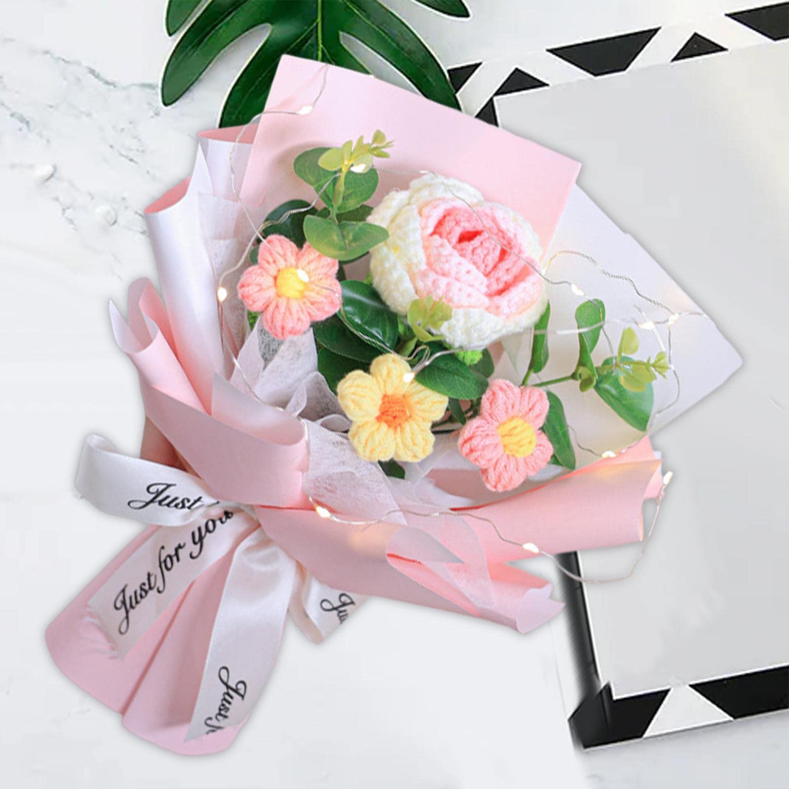 Bouquet de Fleurs Crochet Rose Tissé à la Main Polyvalent Ornement Tricoté Fête des Mères