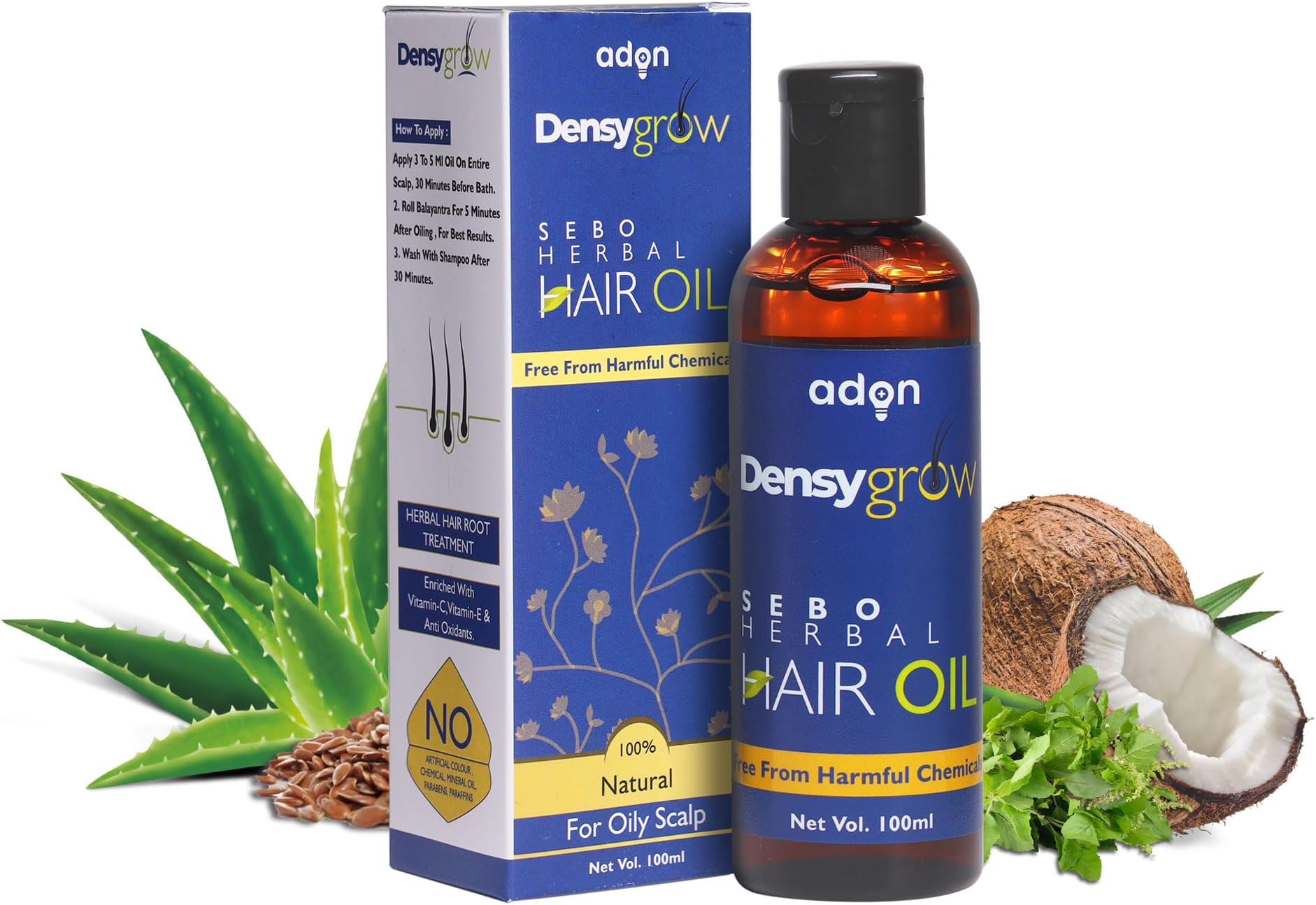 (Waidon) Densy Grow Sebo Herbal Hair Oil For Unisex | Hair Fall Control & Promotes Hair Growth With Bringharaj & Coconut Oil Natural Ayurvedic Ingredients | Free From Harmfull Chemicals | 100Ml