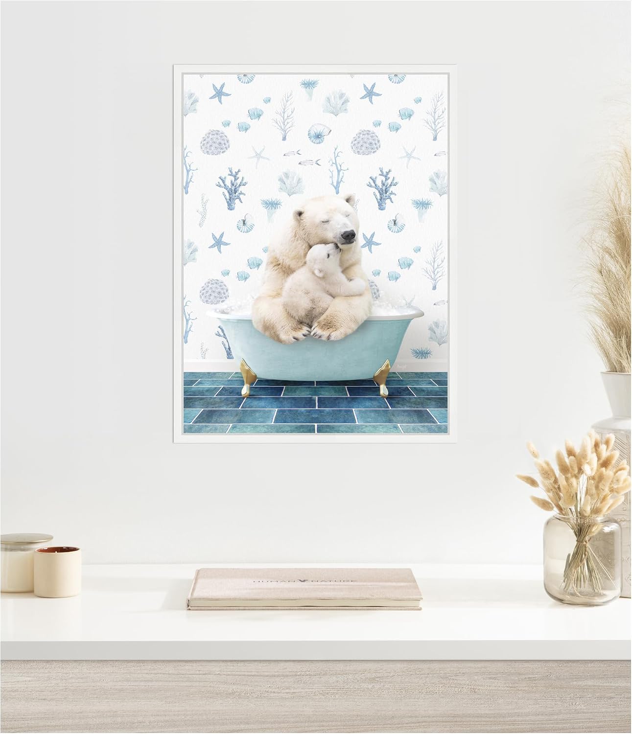 Kate and Laurel Mother and Baby Polar Bear in Under the Sea Bathtub Framed Canvas Wall Art by Amy Peterson 18 x 24 Sylvie White, Whimsical, Animals, Bathroom, Beach Art for Wall Decor, Living Room,