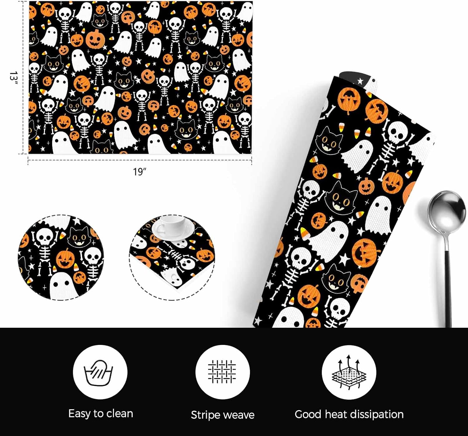 Halloween Placemats Set of 4, Washable PVC Kitchen Table Mats, Cute Black Cat Ghost Skeleton Pumpkin Candy Woven Vinyl Placemat for Dining Table