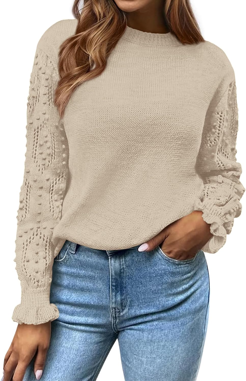 BTFBM Fall Sweaters for Women 2026 Crew Neck Long Sleeve Hollow Out Swiss Dot Knit Casual Pullover Tops Fashion Clothing