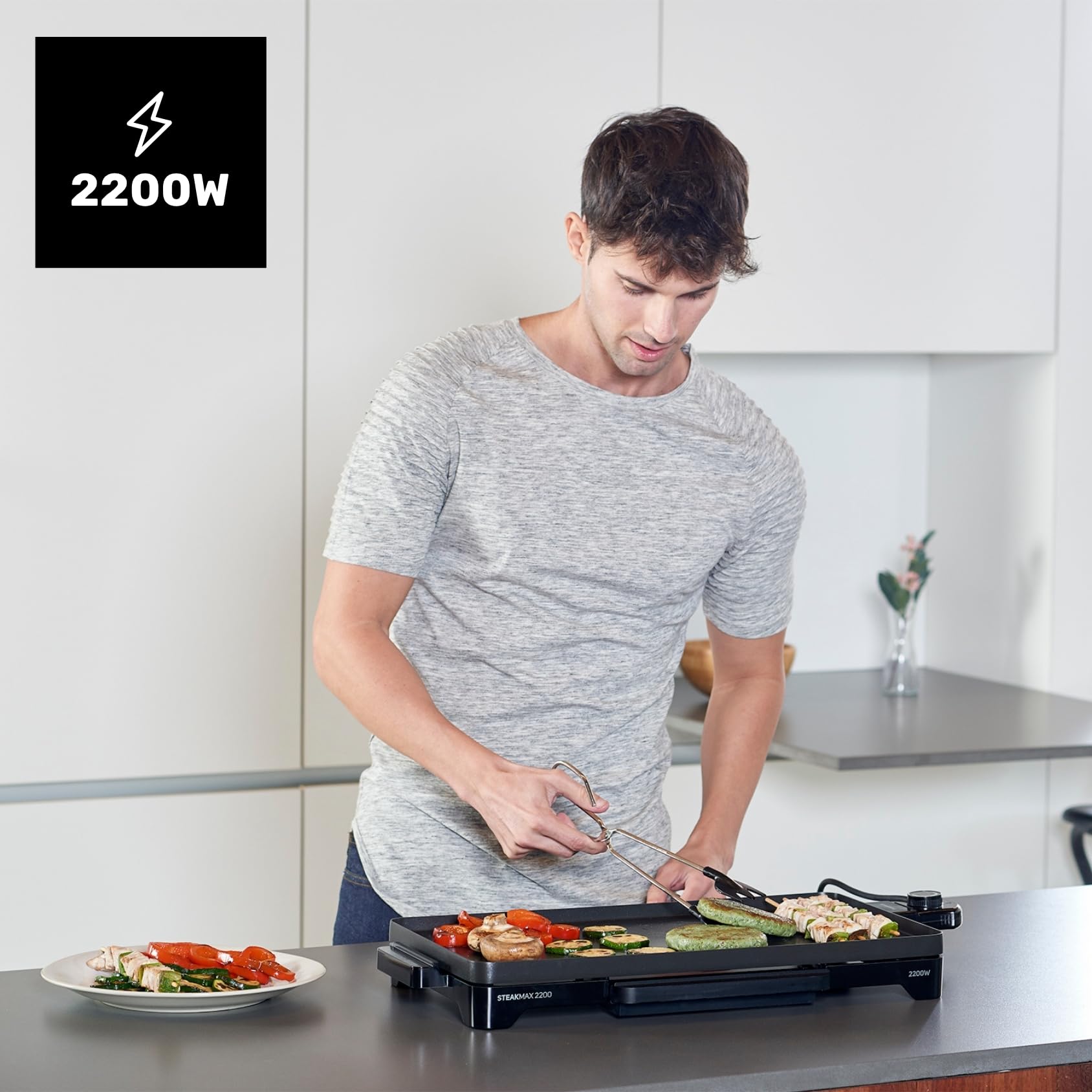 Taurus Steakmax 2200 - Plancha électrique 2200W, Plaque 49x27cm, Revêtement antiadhésif, Nettoyage facile, Température réglable, Bac de récupération de graisse, Sans PFOA
