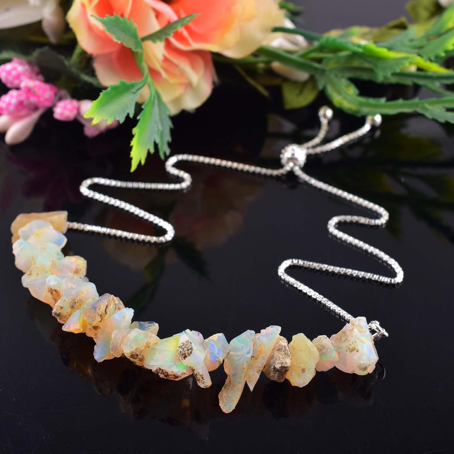 Natural Ethiopian Opal Bar Bracelet, Rough Beads Gemstone, Adjustable Slider Chain, Energy Healing Crystals, Birthday, Gift for Her, Gemstone Jewelry for Women AAA+ Quality (opal) - Image 2
