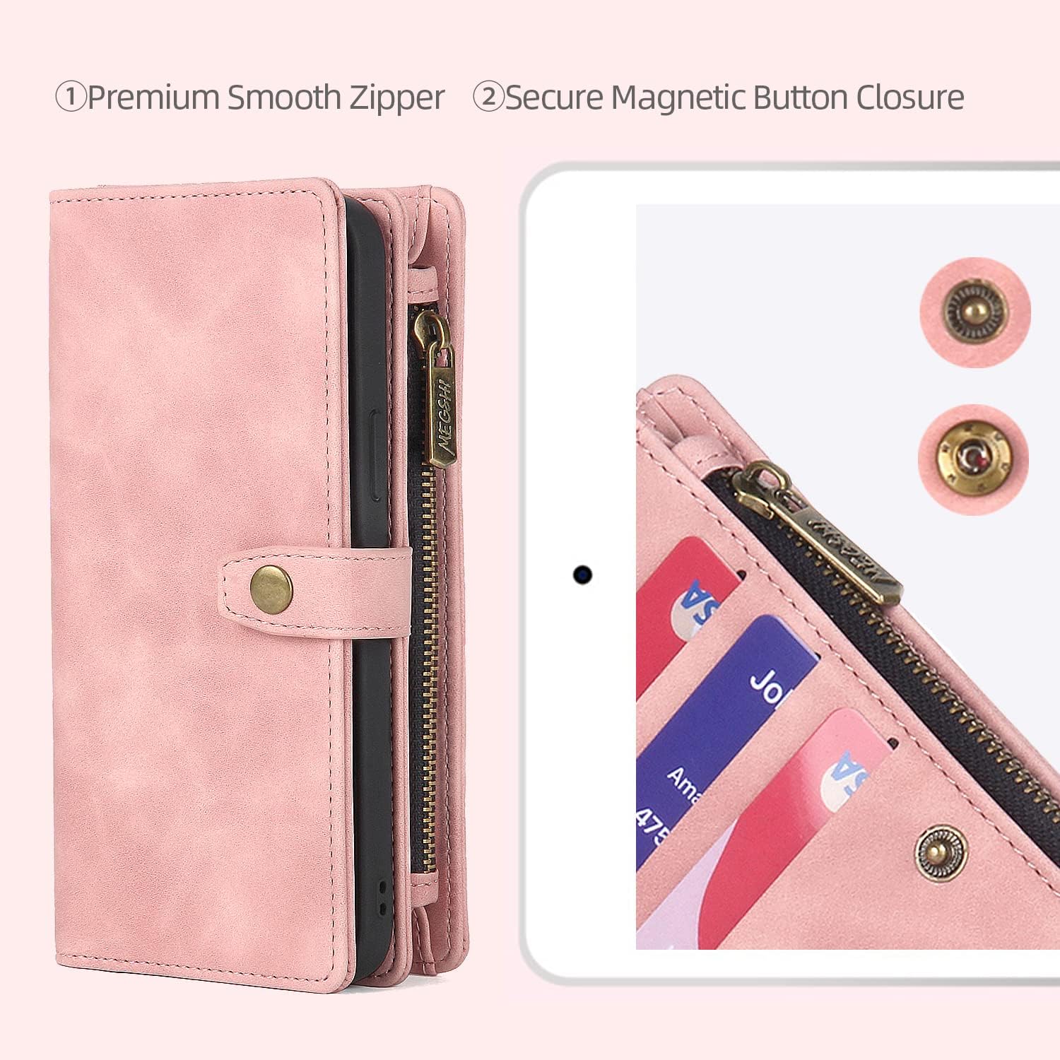 TwoHead Designed for iPhone 14 Pro Max Wallet Case with Card Holder Detachable Magnetic Phone Case PU Leather Wallet Phone Case Case Wallet for Women/Men (Pink)