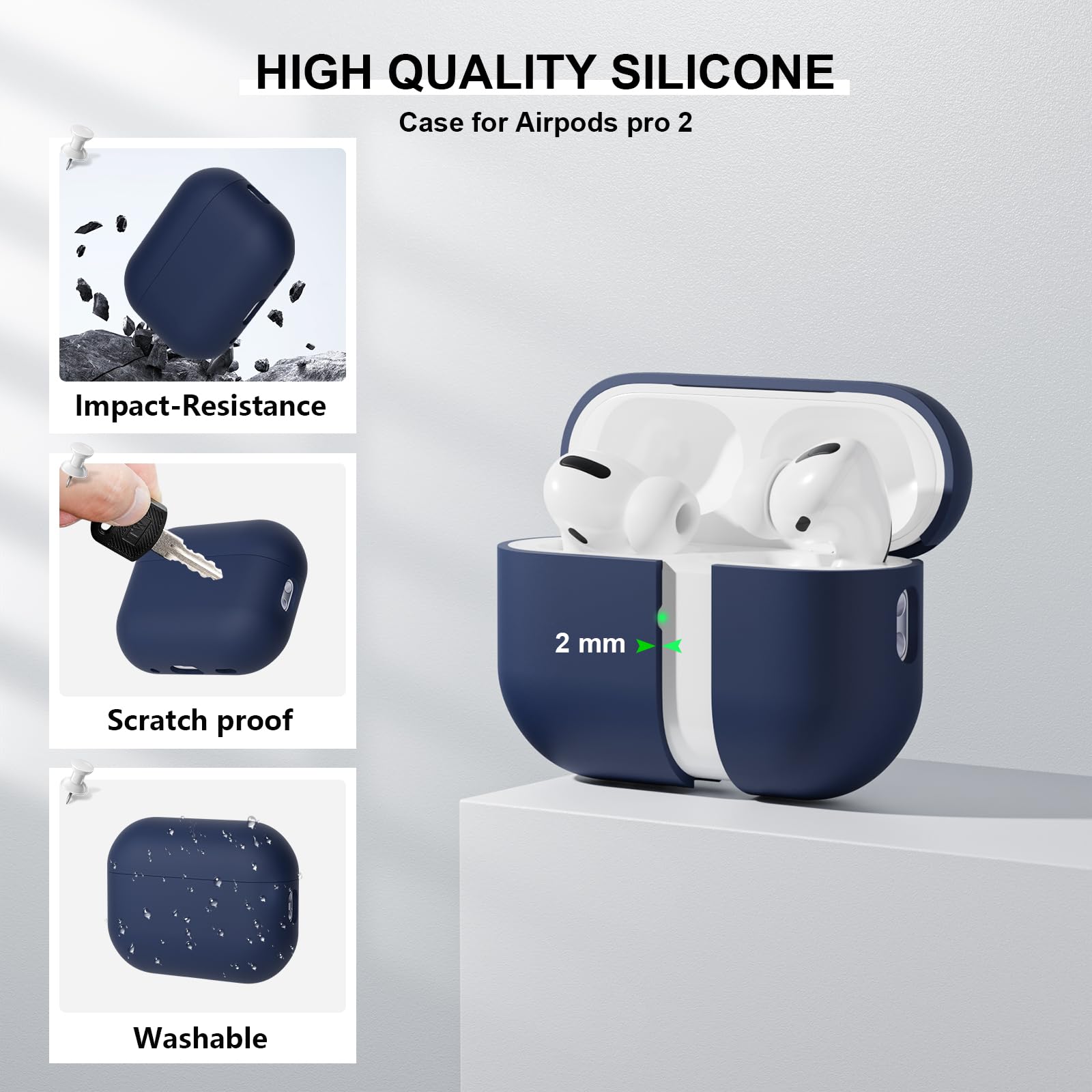 Funda Silicona Compatible con AirPods Pro 2.ª Generación, Ultradelgada Fundas Protectora de Silicona para AirPods Pro 2.ª Generación 2022, LED Visible Frontal, Azul Oscuro - 4