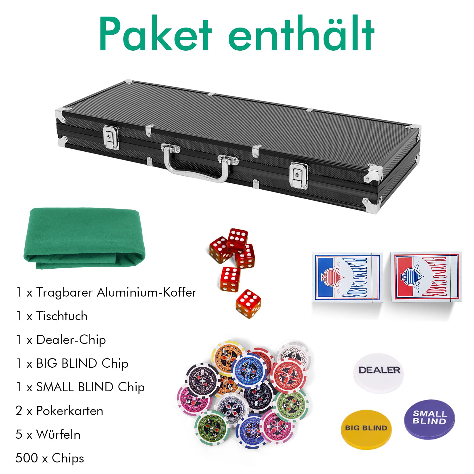 DREAMADE Pokerset mit 500 Laser Pokerchips & Aluminiumkoffer & 2 Kartendecks & 5 Würfel & 3 Dealer Button & Tischtuch, Profi Pokerspiel, Poker Set (Schwarz)