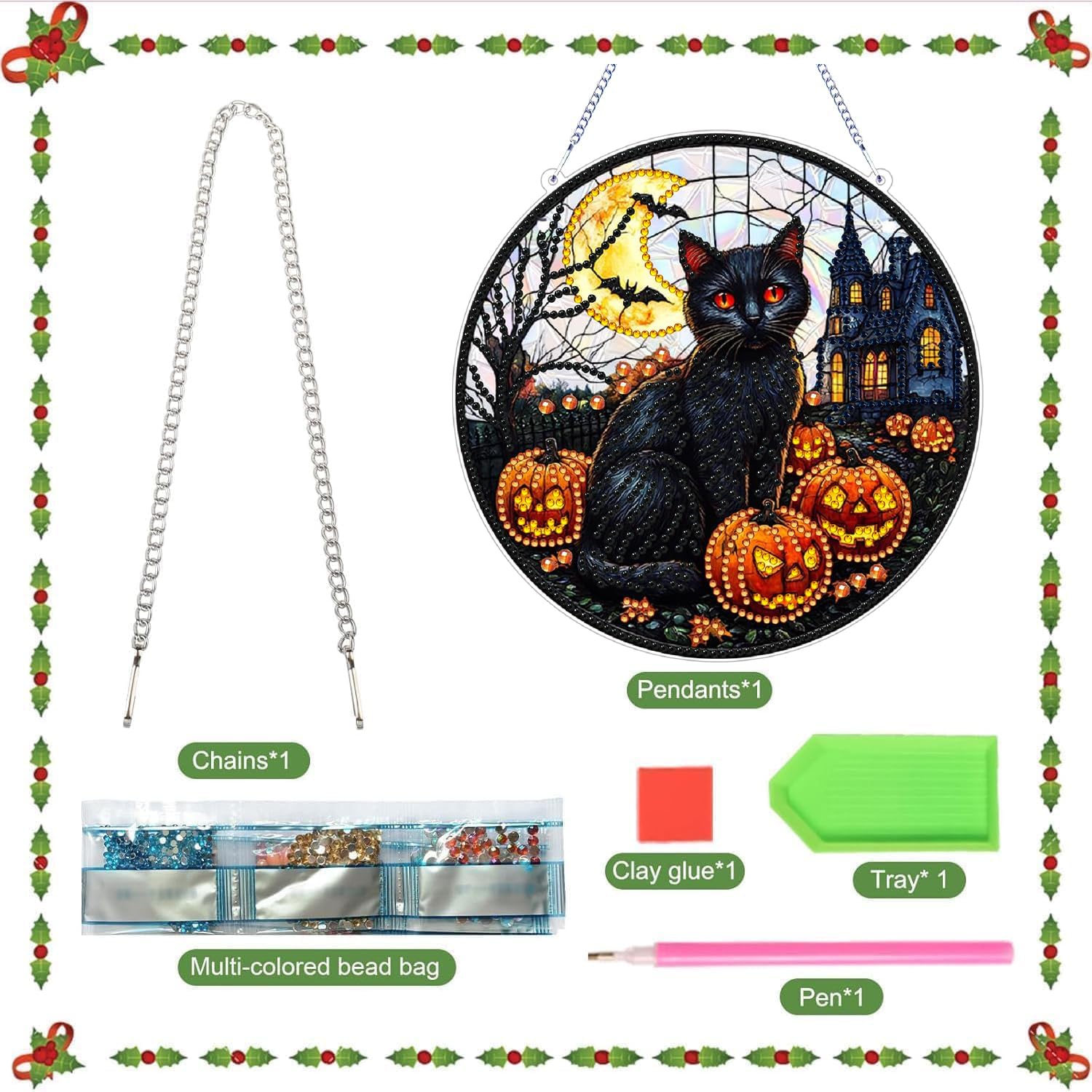 Halloween Decor for Home Diamonds Art kit Hanging Decorations, Black Cat Suncatchers Diamonds Painting Kit for Adult Gift DIY 5D Diamonds Dots, Special Crystal Diamond, Teens Decor&Gift-7.09x7.09 inch