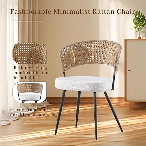 Miniatura 3 de Juego de 4 sillas de comedor de ratán con patas de metal, sillas de comedor modernas tapizadas para cocina, restaurante, comedor, color marrón