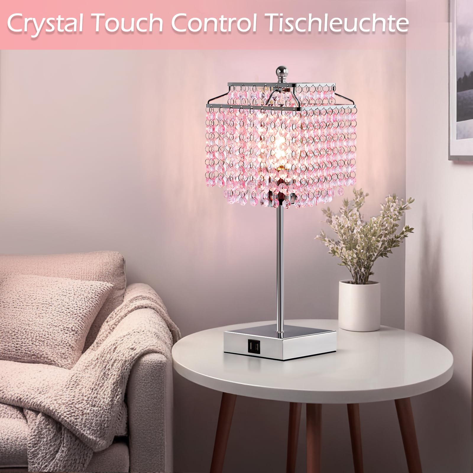 GyroVu Kristall Tischlampe, Rosa Dimmbare Touch Nachttischlampe mit Ladefunktion USB A+C-Anschlüssen Steckdosen, Kleine KristallLampe für Wohnzimmer Schlafzimmer Mädchenzimmer (Inklusive Glühbirne)