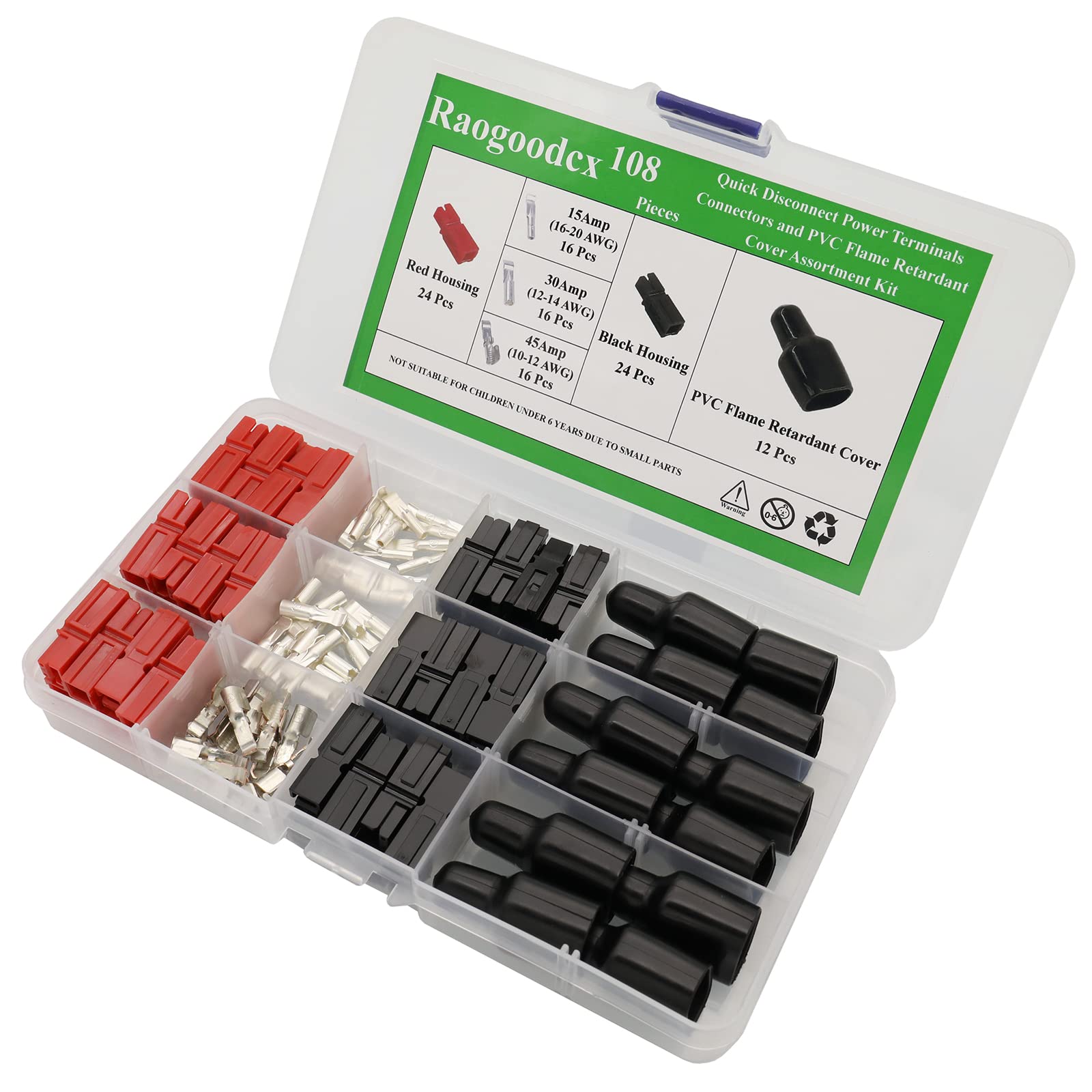 Lot de 108 connecteurs à déconnexion rapide Rouge/noir 15/30/45 A Connecteur d'alimentation Prise de batterie avec couvercle en PVC ignifuge