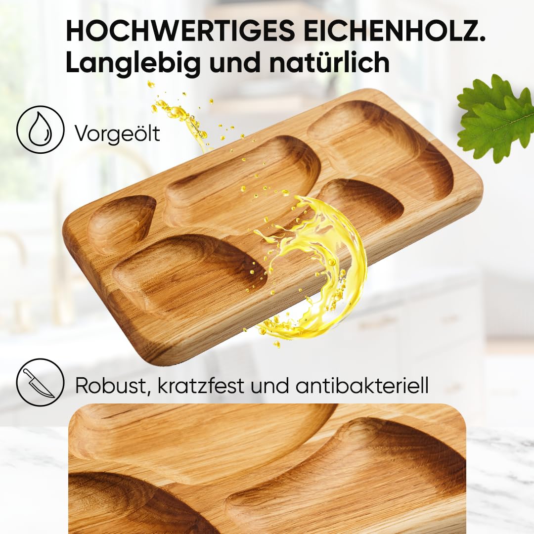 Juego de 2 tablas de desayuno de madera de roble, para servir aperitivos con compartimentos, tabla para aperitivos de madera, para servir desayuno, pan de noche, plato para servir