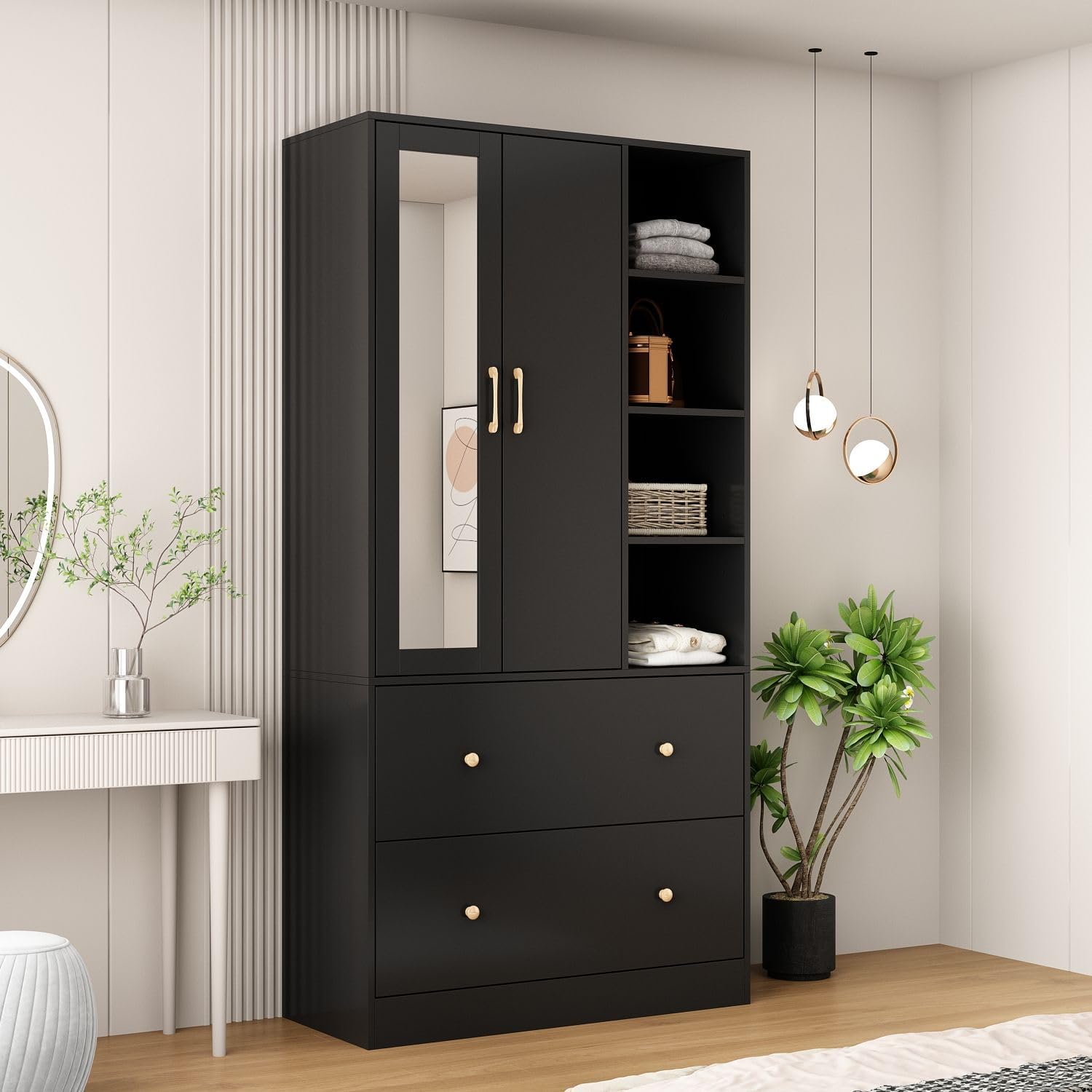 MOUMON Modern Armoire Wardrobe with Mirror & Sliding Hanging Rod, Wardrobe with Drawers & Open Shelves, with Hanging Rod, Black 35.5”W x 15.8”D x 70.8”H