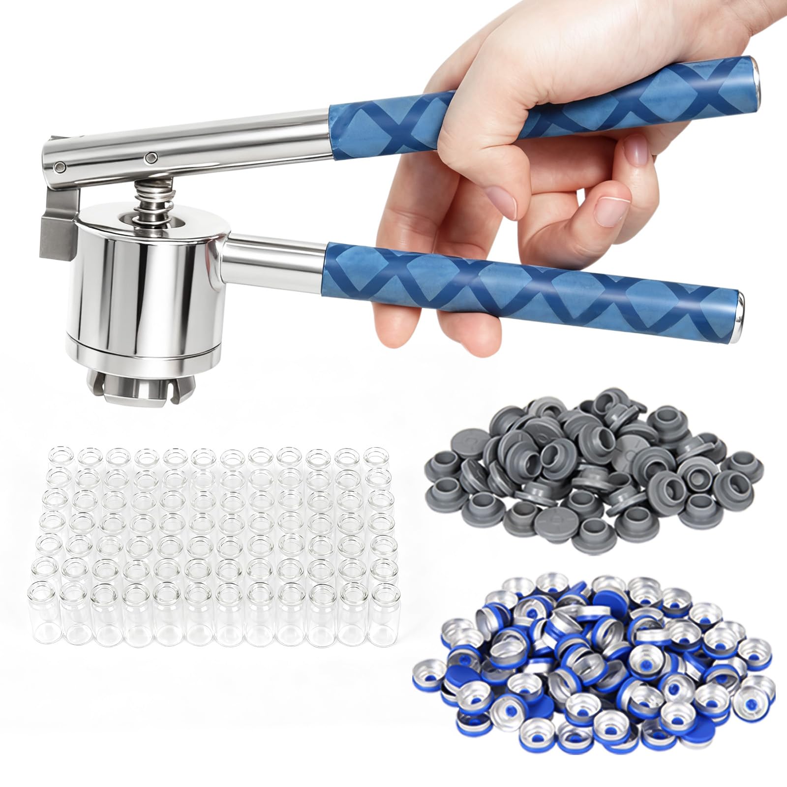 20mm Flip Off Vial Crimper + 100 Glass Vials (10ml) + 100 Rubber Stoppers + 100 Plastic-Aluminum Caps
