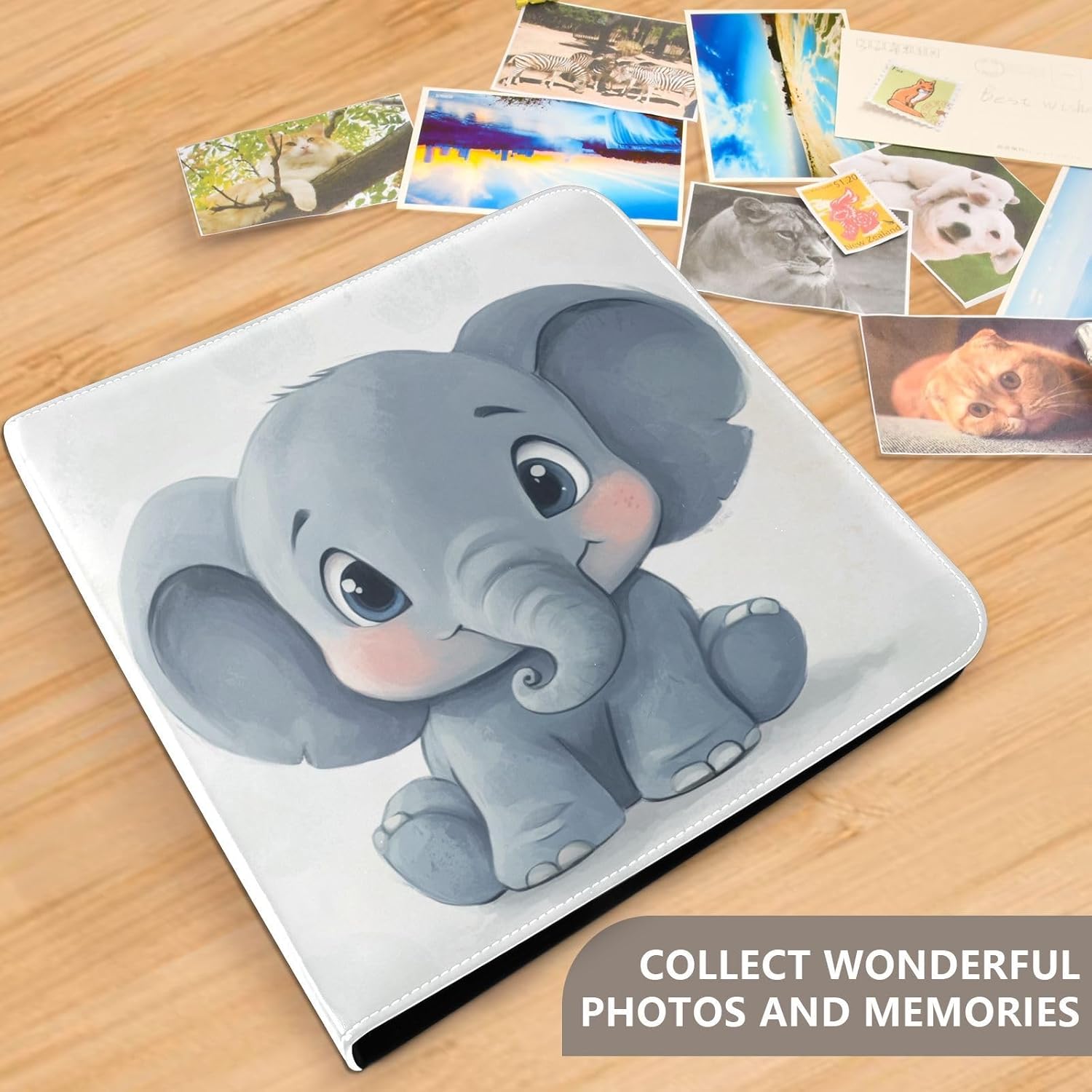 JIPONI A Cute Elephant Large Photo Album, DIY Leather Cover Scrapbook Albums for 4x6 5x7 6x8 Pictures, Self Adhesive Memory Book for Wedding, Baby, Family