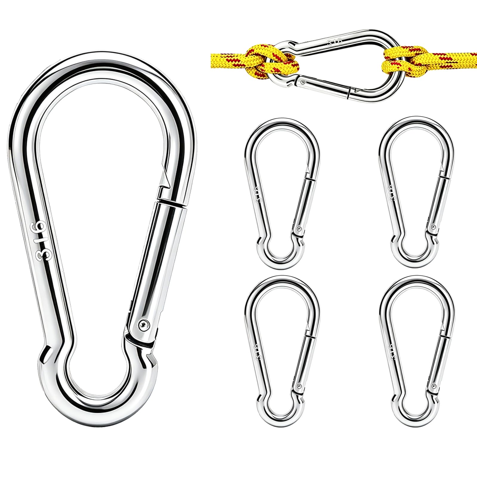 TWOURS 316 Stainless Steel Spring Snap Hooks 5 Pack, 1.57 inch Heavy Duty Marine Grade Carabiner Clips, Rust Proof Quick Link Hooks for Boat Fender Sailing Rigging Dog Leash & Awning