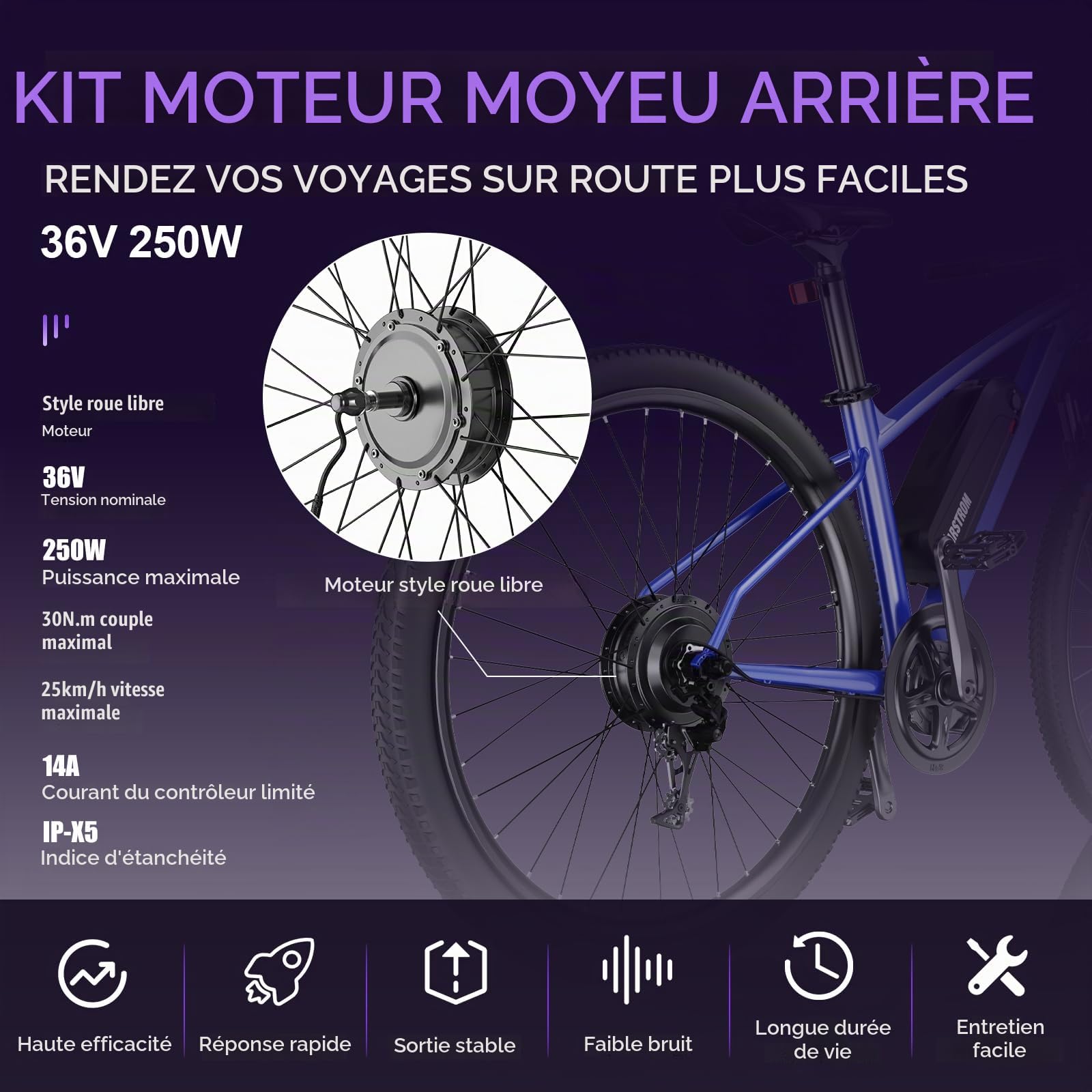 36V 250W Kit Conversion Velo Electrique Moyeu Arrière 26 27,5 29 | 28 Kit Vélo Electrique Roue Arrière Avec Ecran Batterie Option, Moteur pour VTT Roue Libre Frein Disque Entraxe 136-142mm