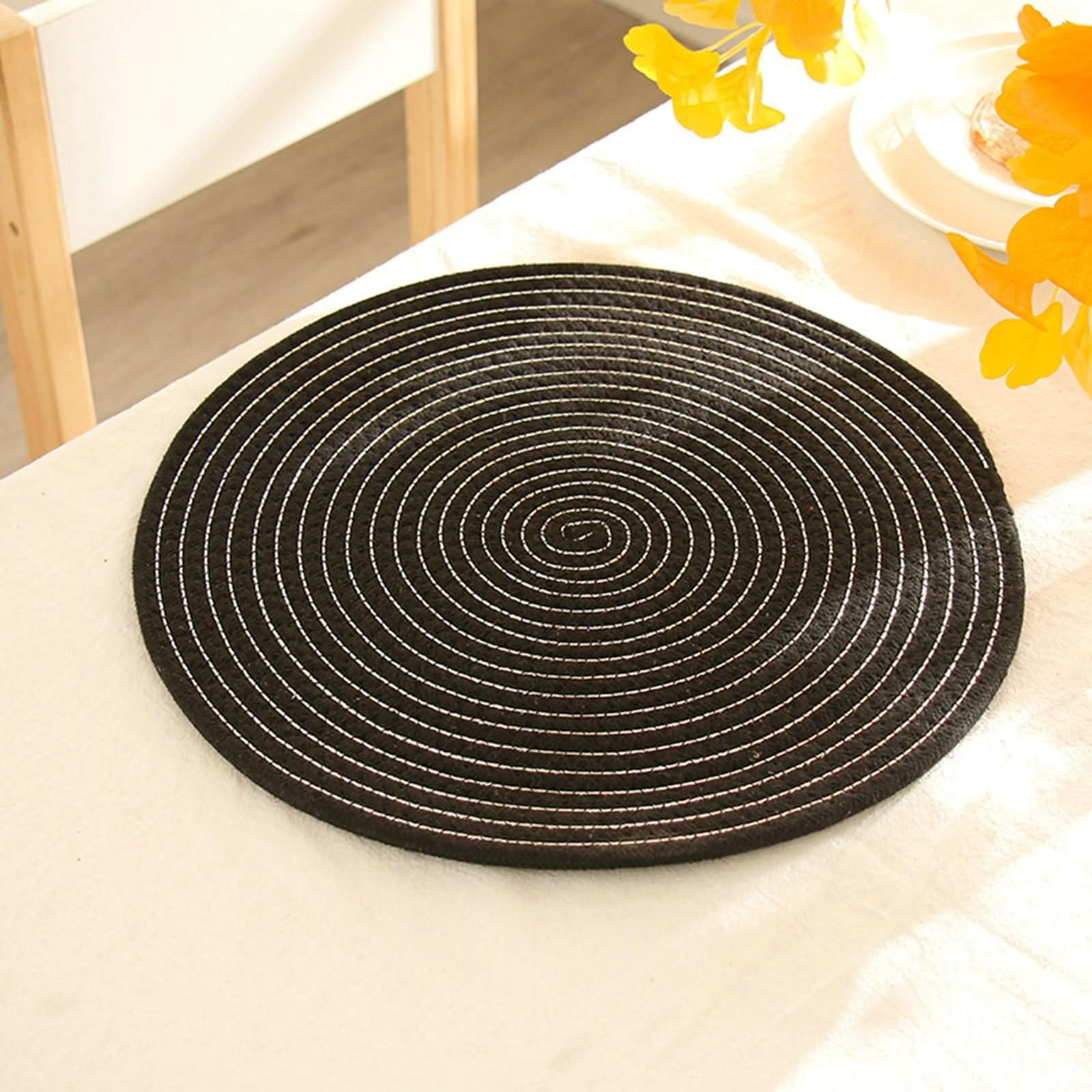 Salvamanteles Individuales 8 Uds,30 CM, Algodón Lino,Redondo con Líneas,Salvamanteles Negro Plata Comedor