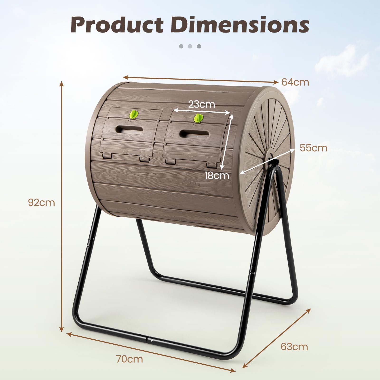 FANTASK 142L Trommelkomposter, 70 x 63 x 92cm, Mobiler Komposter mit 2 abschließbare Türen, Schnellkomposter aus PP & Metall, 360° drehbar, Gartenkomposter für Garten, Balkon (Kaffee)