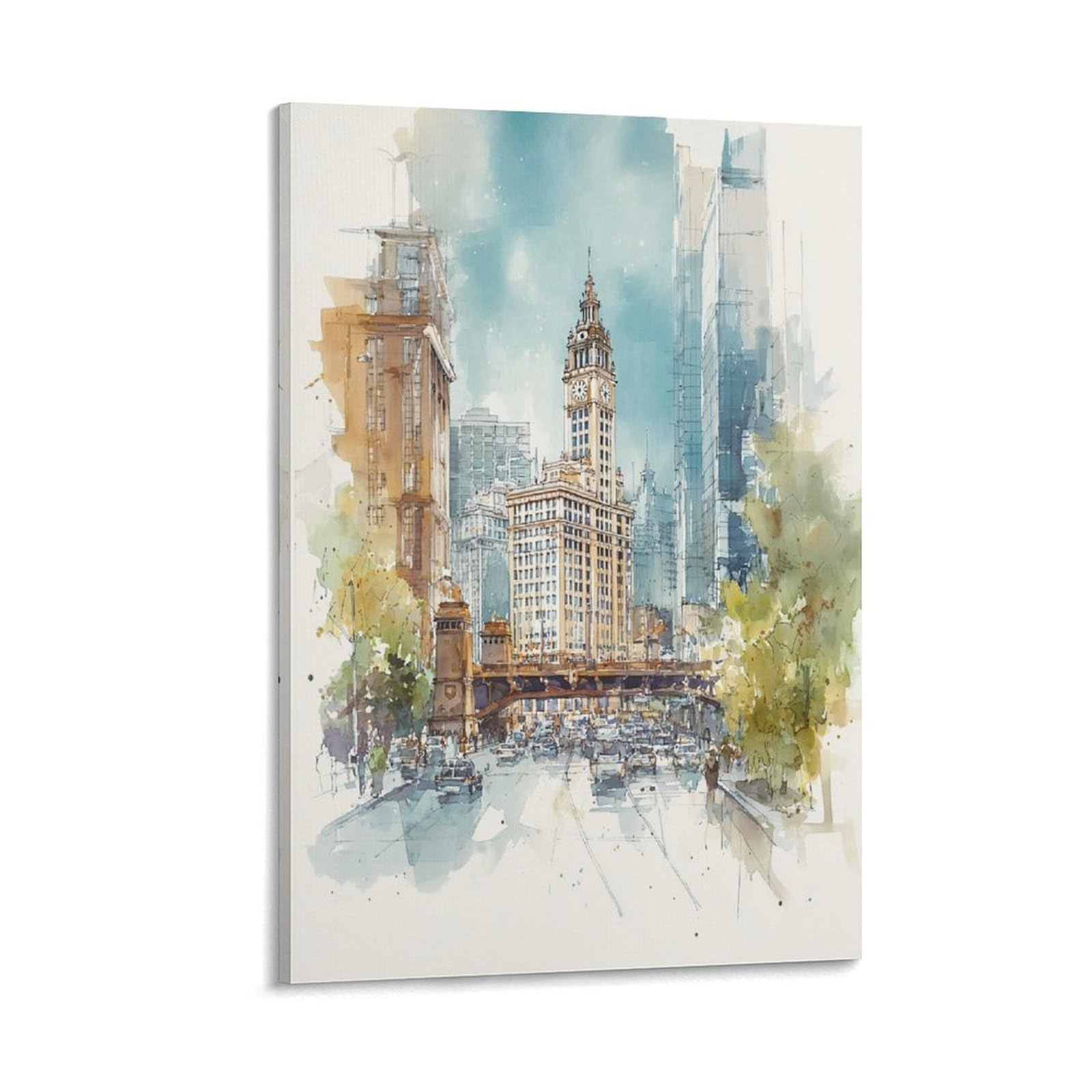 XWYMXZ Chicago Watercolor Print Vintage Illinois Travel Poster 24x36inch(60x90cm) Vintage Watercolor Canvas Art