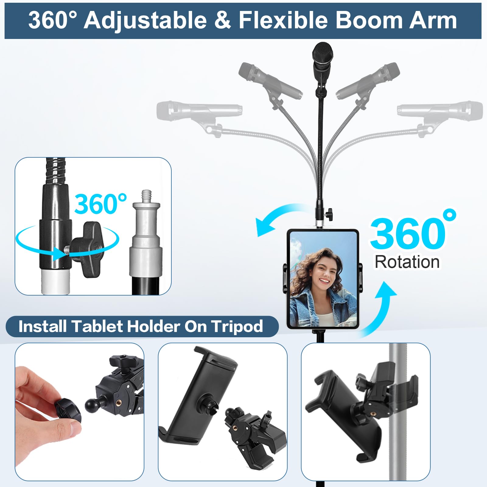 2-in-1 faltbarer Mikrofon- und iPad-Stativ mit Handy-/Tablet-Halterung, 203,3 cm hoch, höhenverstellbarer Mikrofonständer, Galgen, für Singen, Performance, Karaoke, Sprache, Bühne und Outdoor