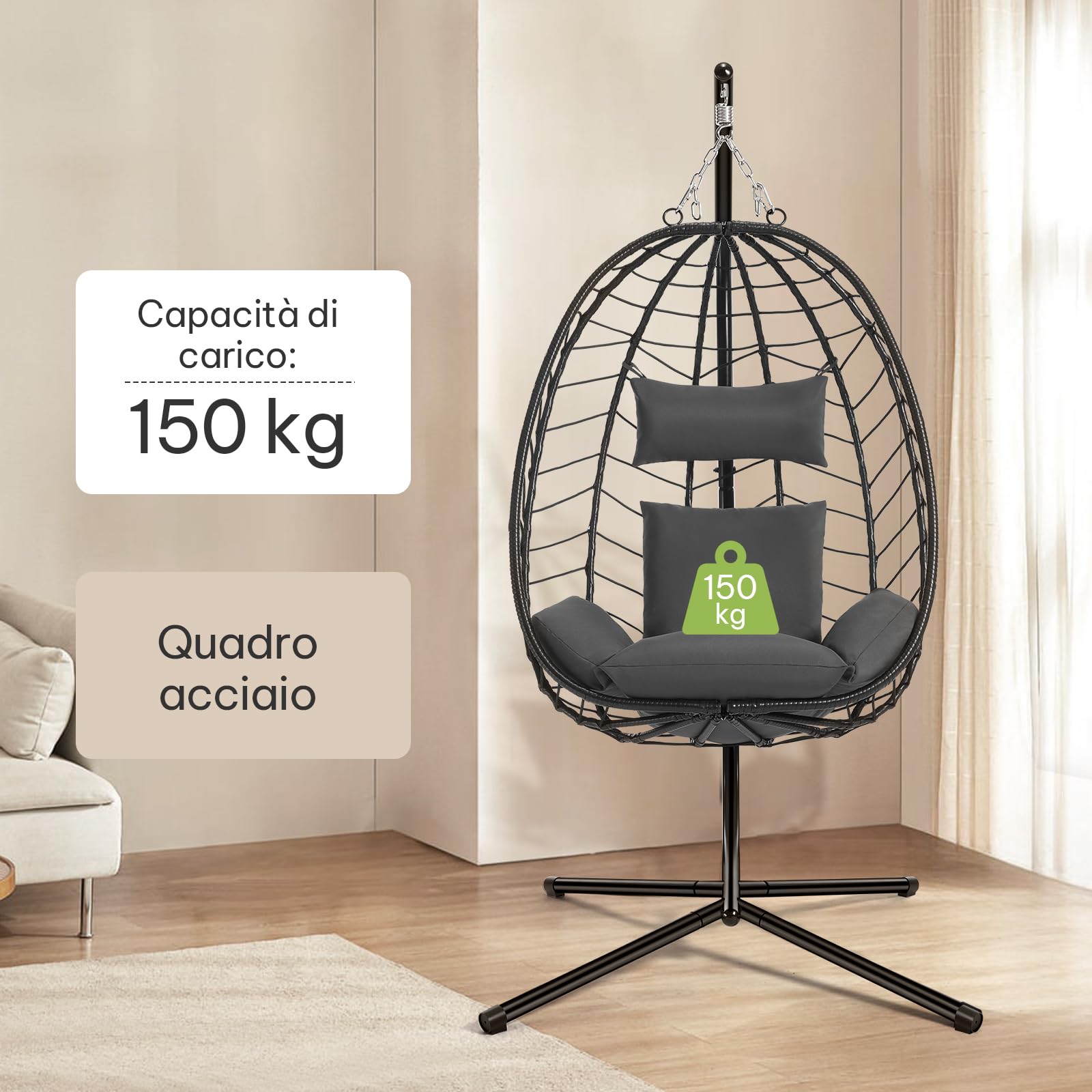 Laneetal Sedia Sospesa a Uovo con Supporto, Poltrona Sospesa con Cuscino e Poggiatesta, Portata 150 kg, Rattan PE, Struttura in Metallo, per Giardino Patio Balcone Terrazza, Grigio Scuro