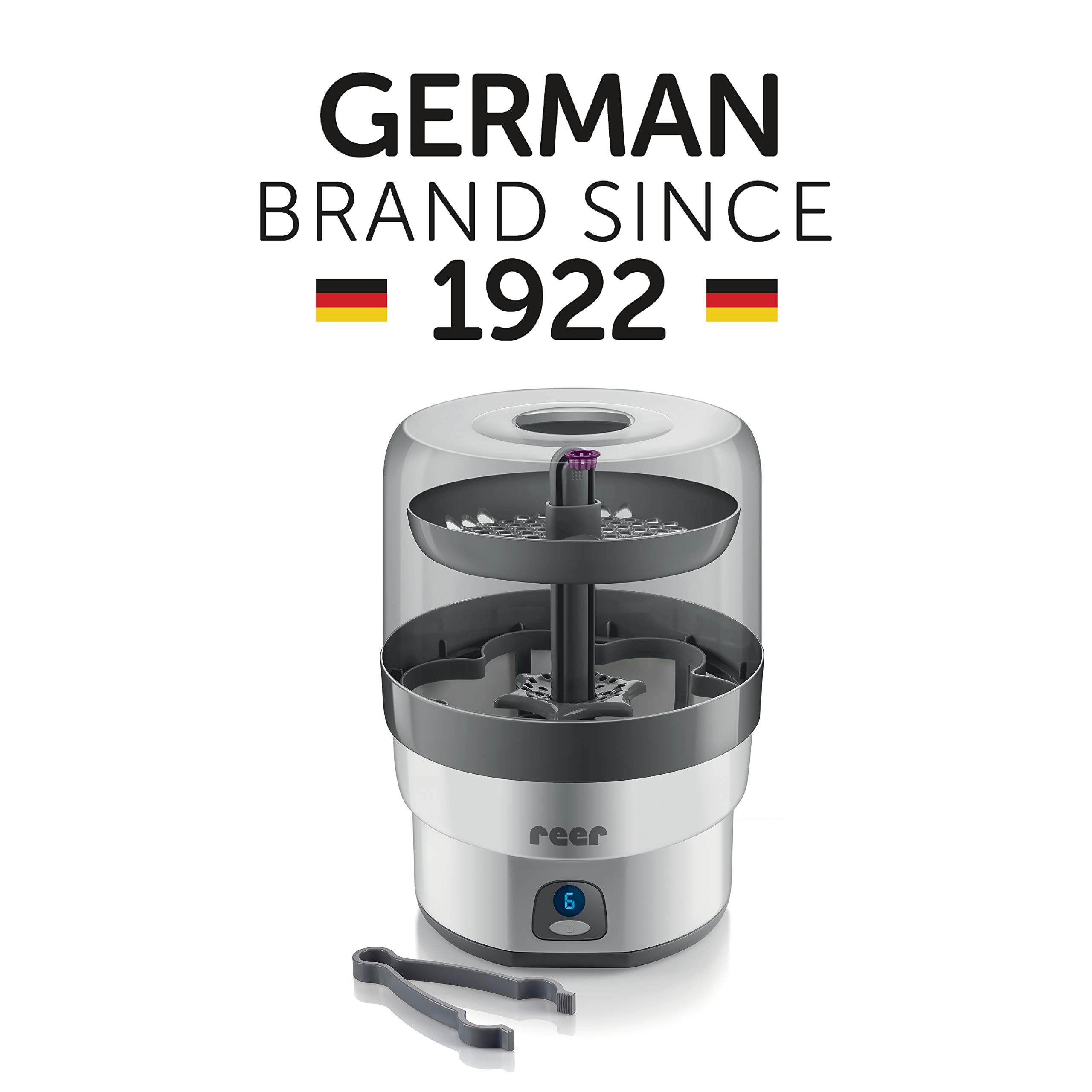 reer Vapomax Vaporisator | Babyflaschen Sterilisator, Dampfsterilisator für bis zu 6 Flaschen, Desinfektion von Babyfläschchen, Schnullern, Beißringen und Zubehör in nur 10 Minuten, ohne Chemikalien