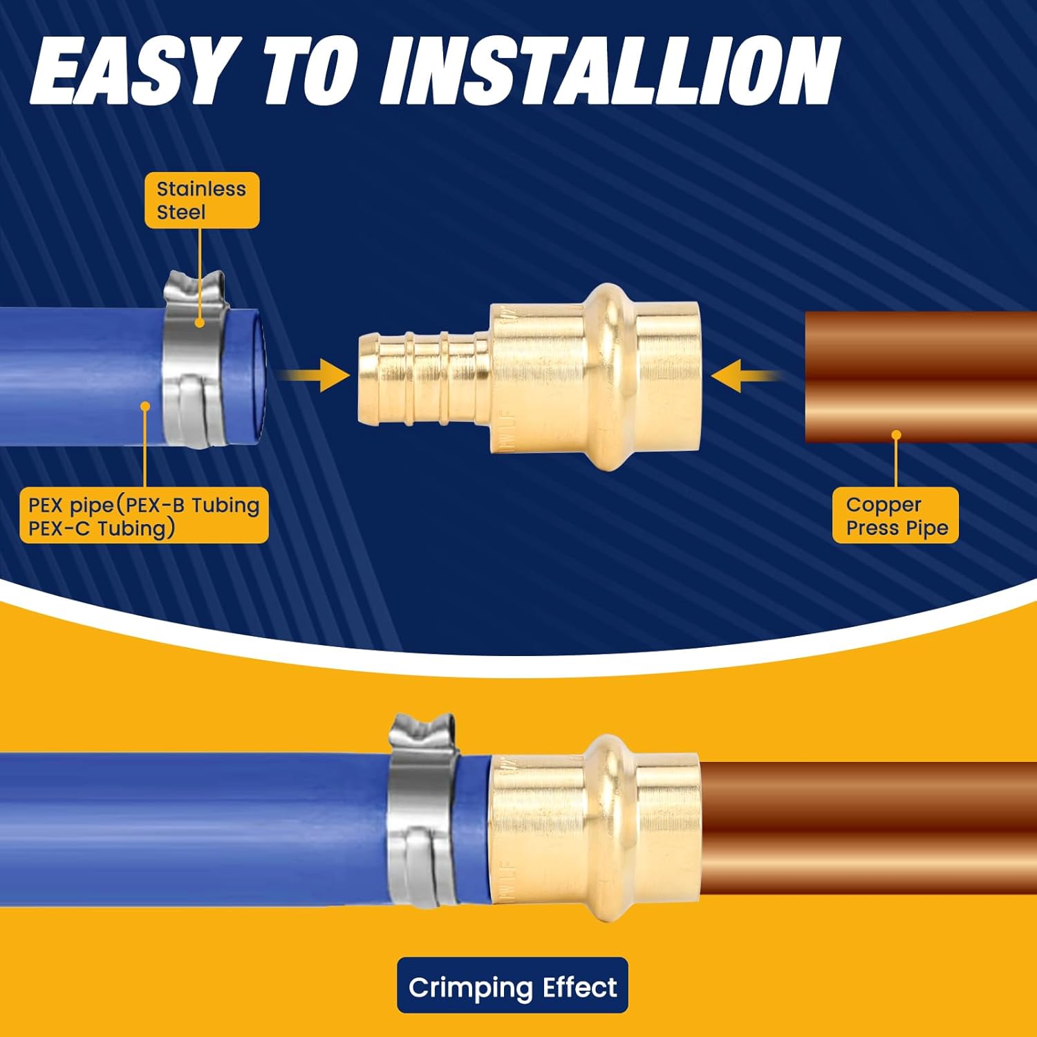 12PCS 1/2” Propress x 1/2" PEX Adapter Crimp Fittings Brass Coupling with EPDM O-Ring for Copper Pipe Connections 250 PSI Pressure Rating Leak-Proof ASTM F1807