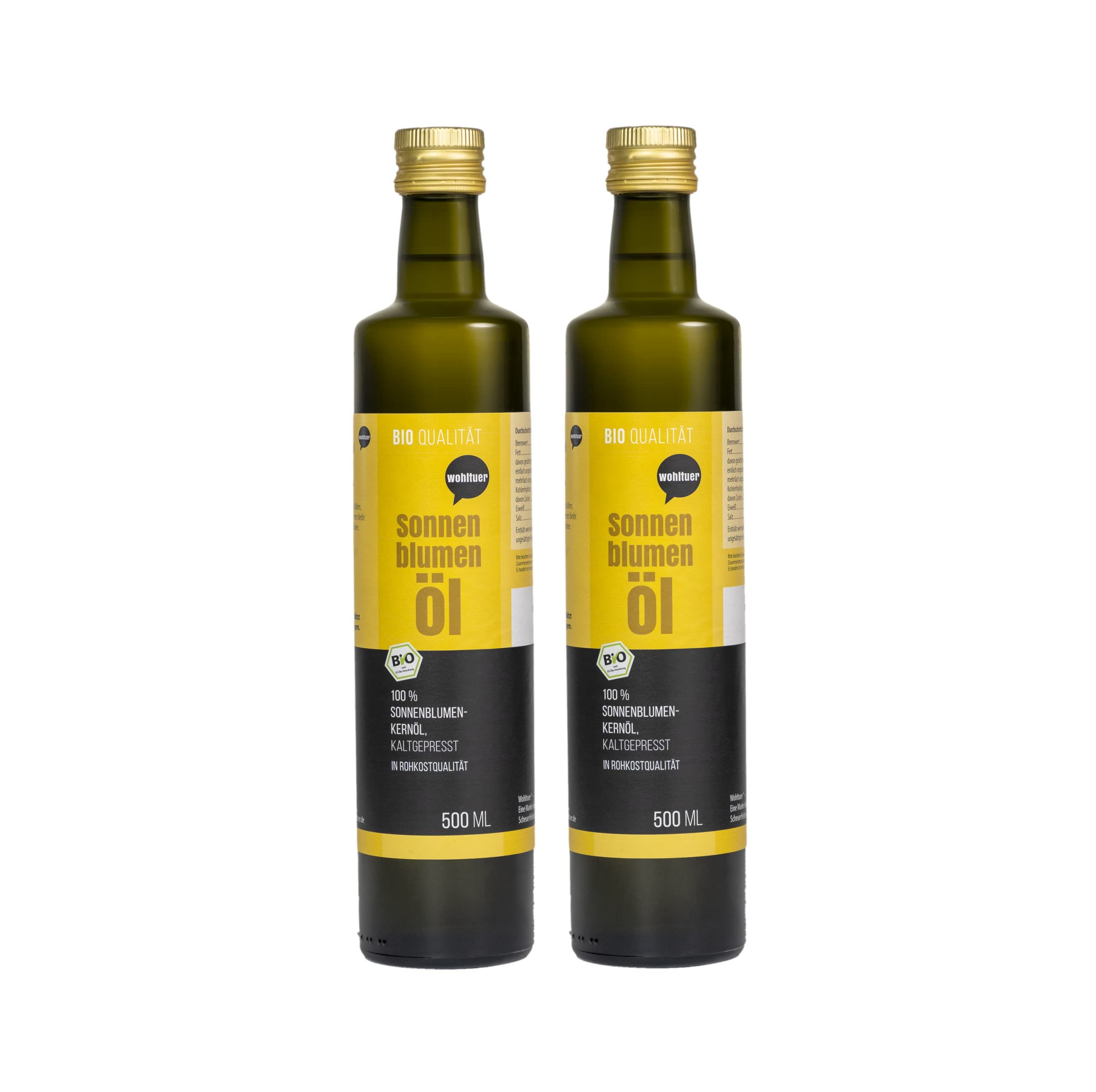 Wohltuer Aceite de girasol orgánico, 2 unidades de 500 ml de calidad cruda