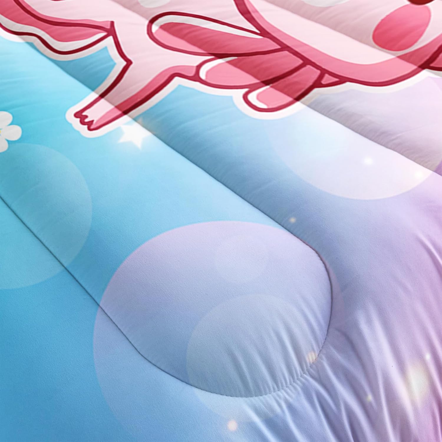 QOOMO Pink Axolotl Soft Lightweight Bed Comforter Set Strawberry Cake Kids Bedding Set Gradient Bubble 3D Quilt Set Bedroom Decoration Full Size 1 Comforter Set 2 Pillowcases