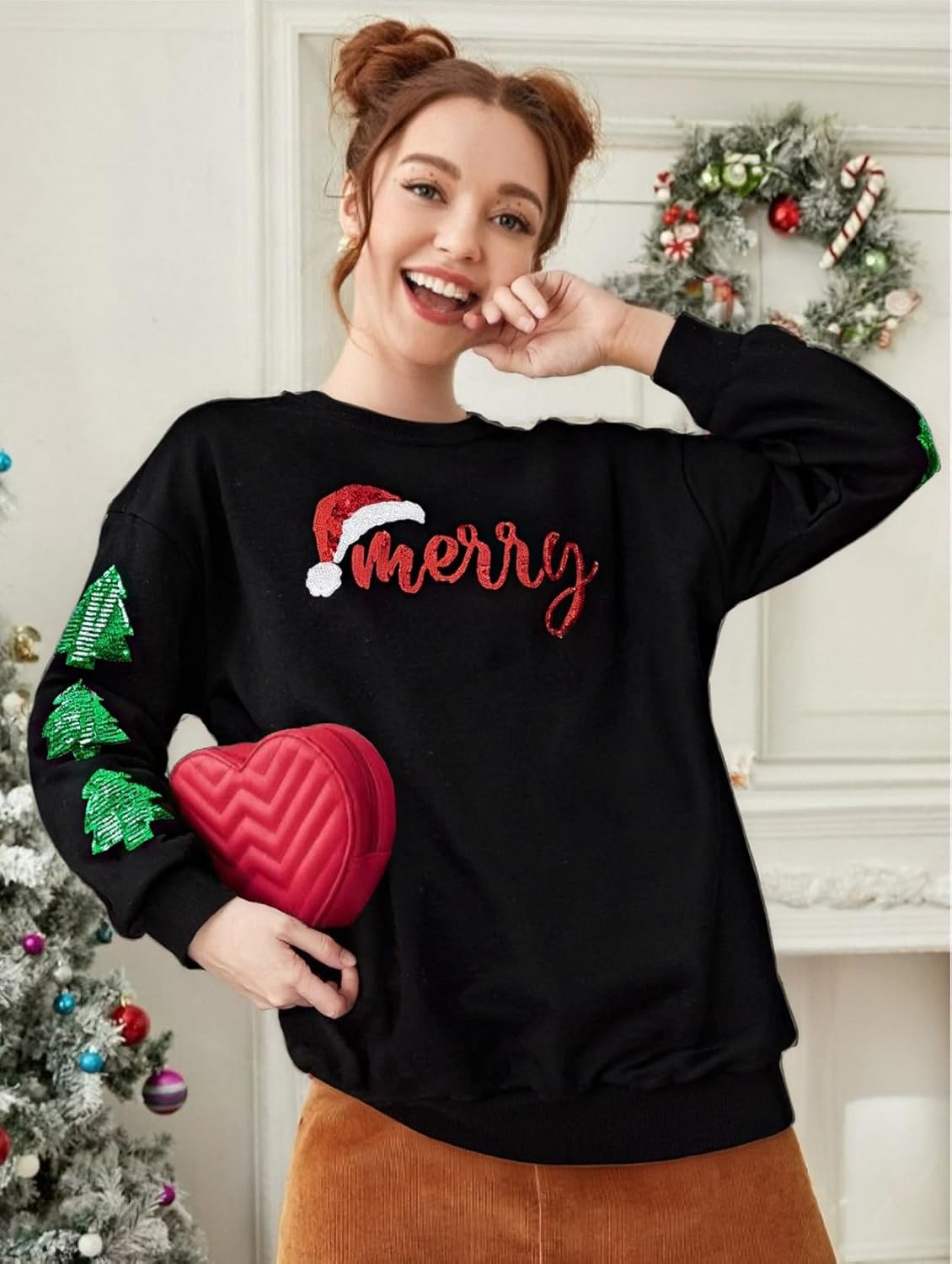 ASTANFY Merry Christmas Sweatshirts For Women: Christmas Tree Graphic Sweatshirts Grinch Long Sleeve Shirt - Image 3