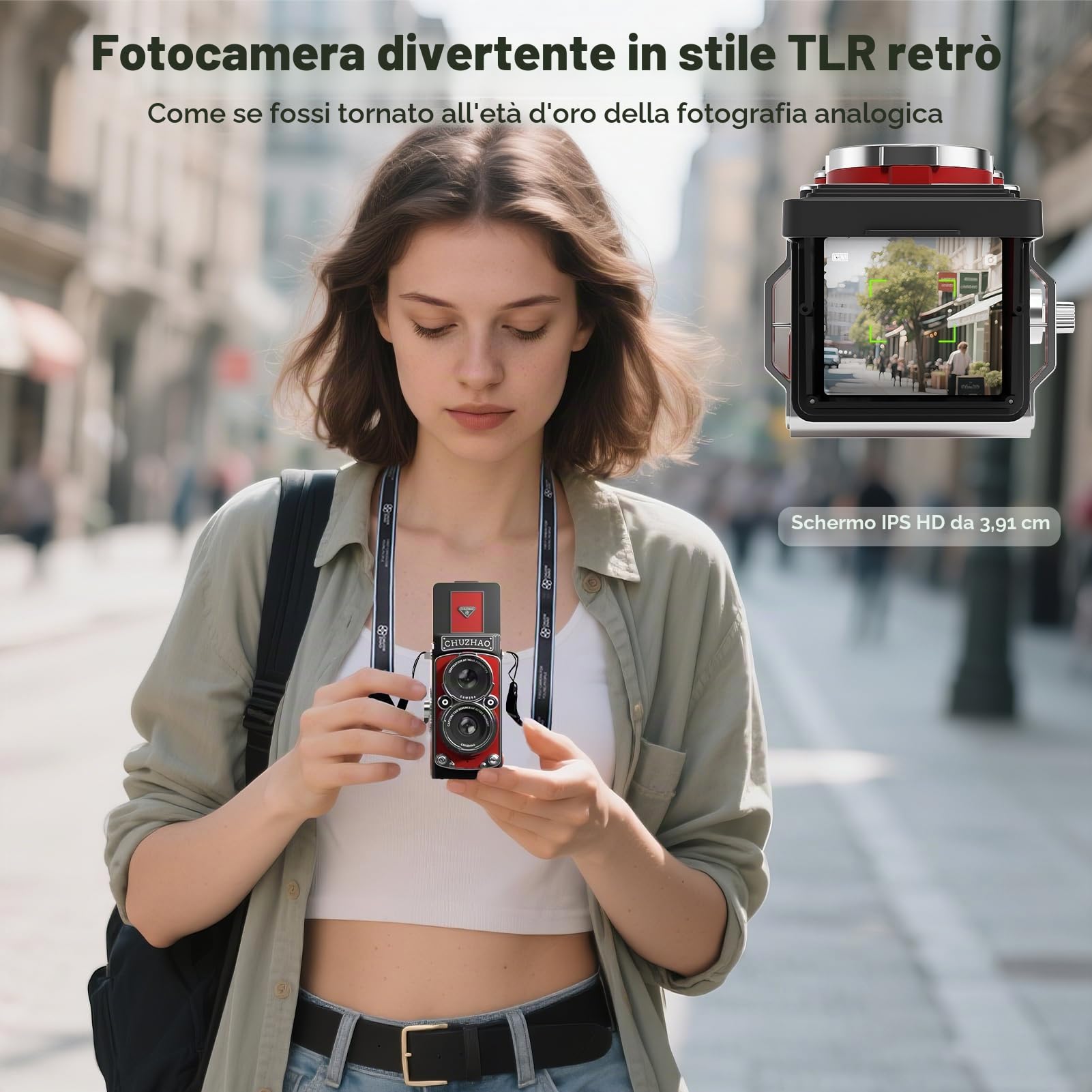Chuzhao Mini Macchina Fotografica Vintage con Impostazione di Data e Ora, Portatile Stile Retrò TLR 1080P FHD Video 12MP Foto Autofocus Compatta Fotocamera Digitale con Scheda da 16GB, Rosso