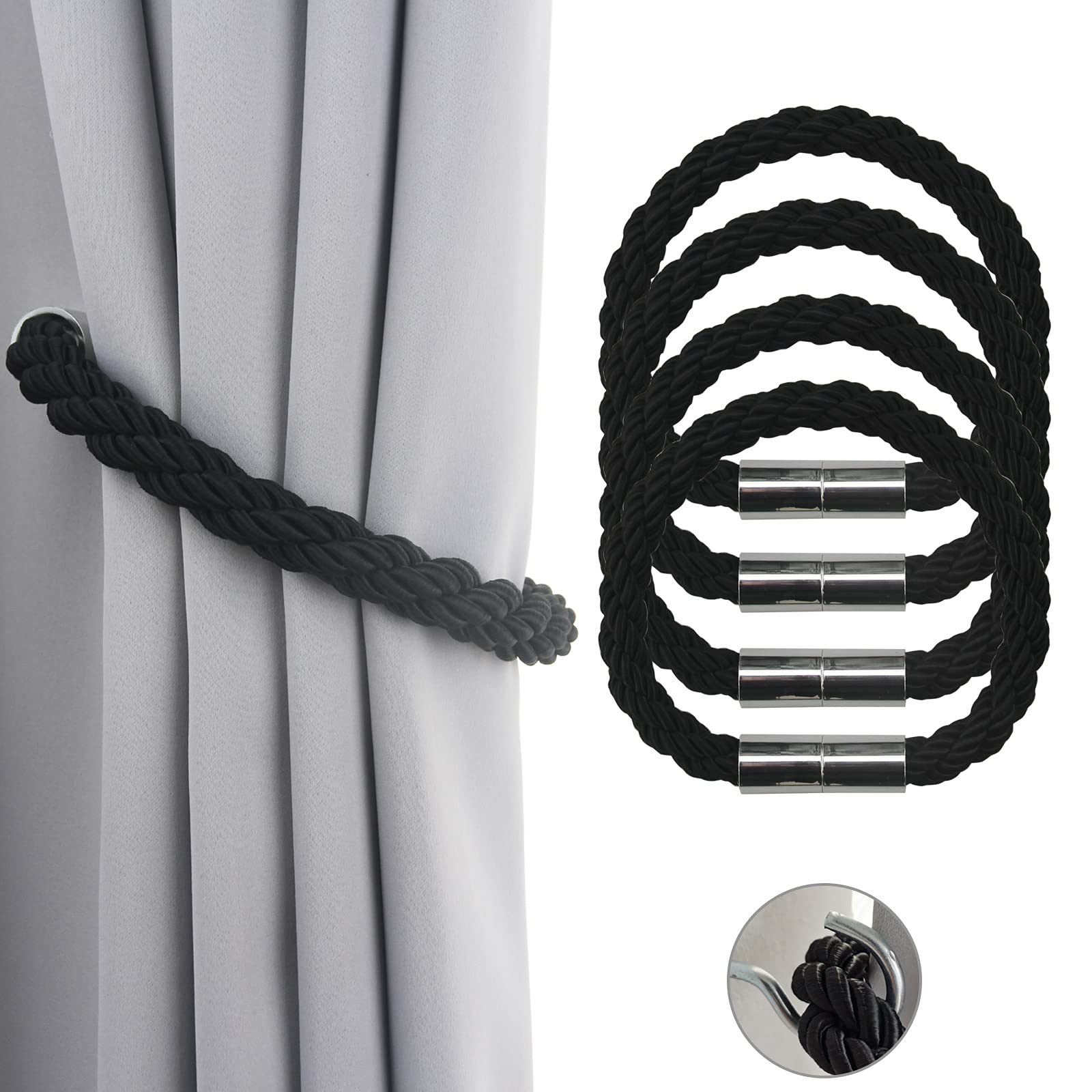 Lot de 4 embrasses de rideaux magnétiques solides - 50 cm - Attaches pratiques pour rideaux fins ou épais avec crochets en métal - Légèrement lourdes