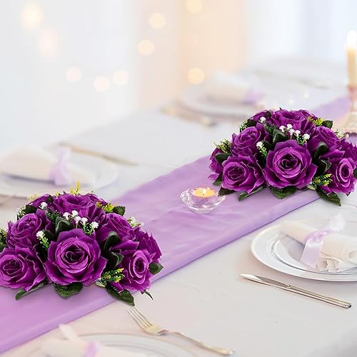 Miniatura 106 de BLOSMON Centros de mesa de flores para mesas de boda: 10 piezas de rosas artificiales rojas carmesí decoración de bolas - 9.5 pulgadas de seda falsa