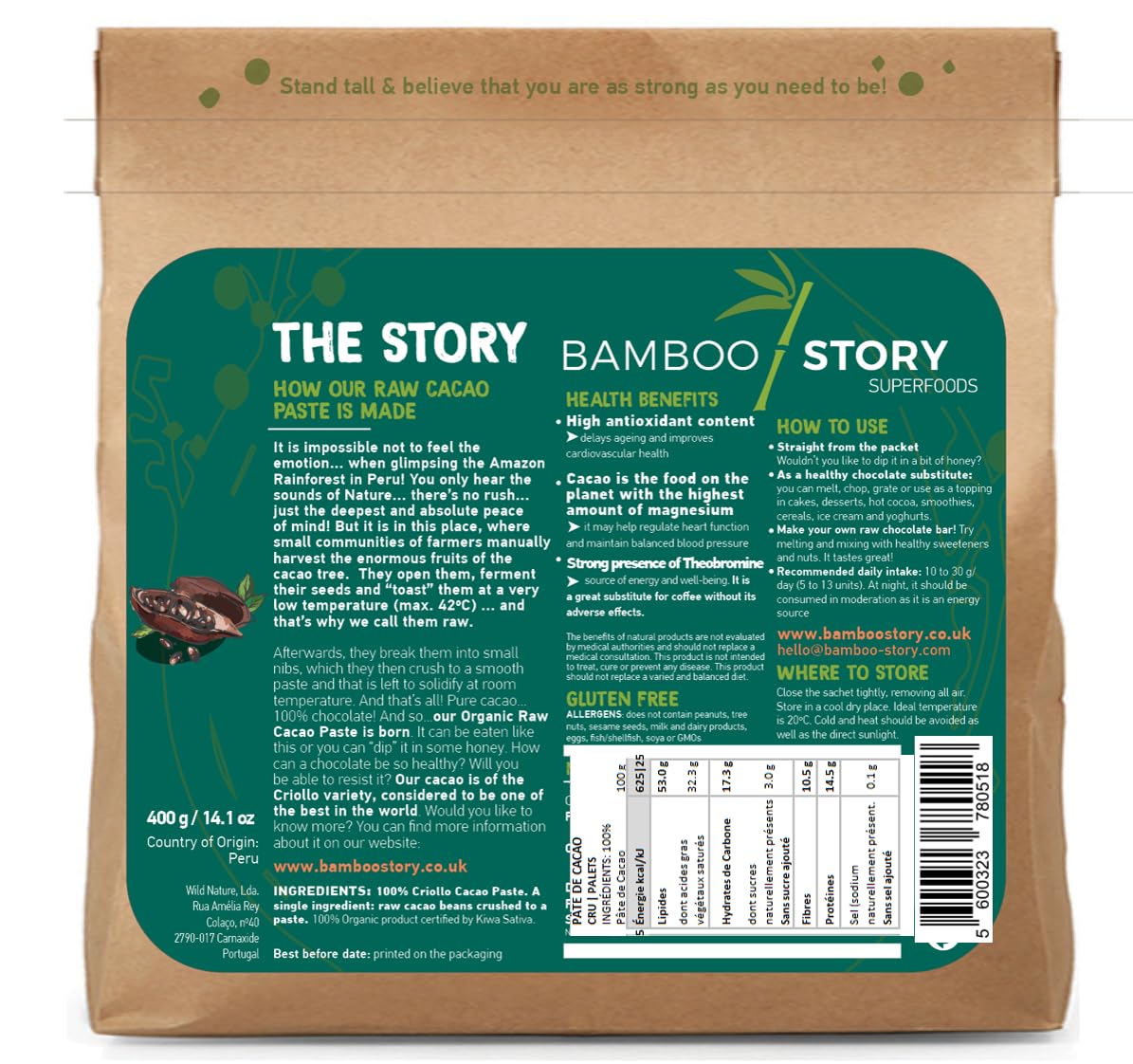 Cru | BAMBOO STORY | Pâte de Cacao en palets | Criollo | Biologique | 100% Cacao | Sans sucres ajoutés | 400 g | Origine 100% Pérou