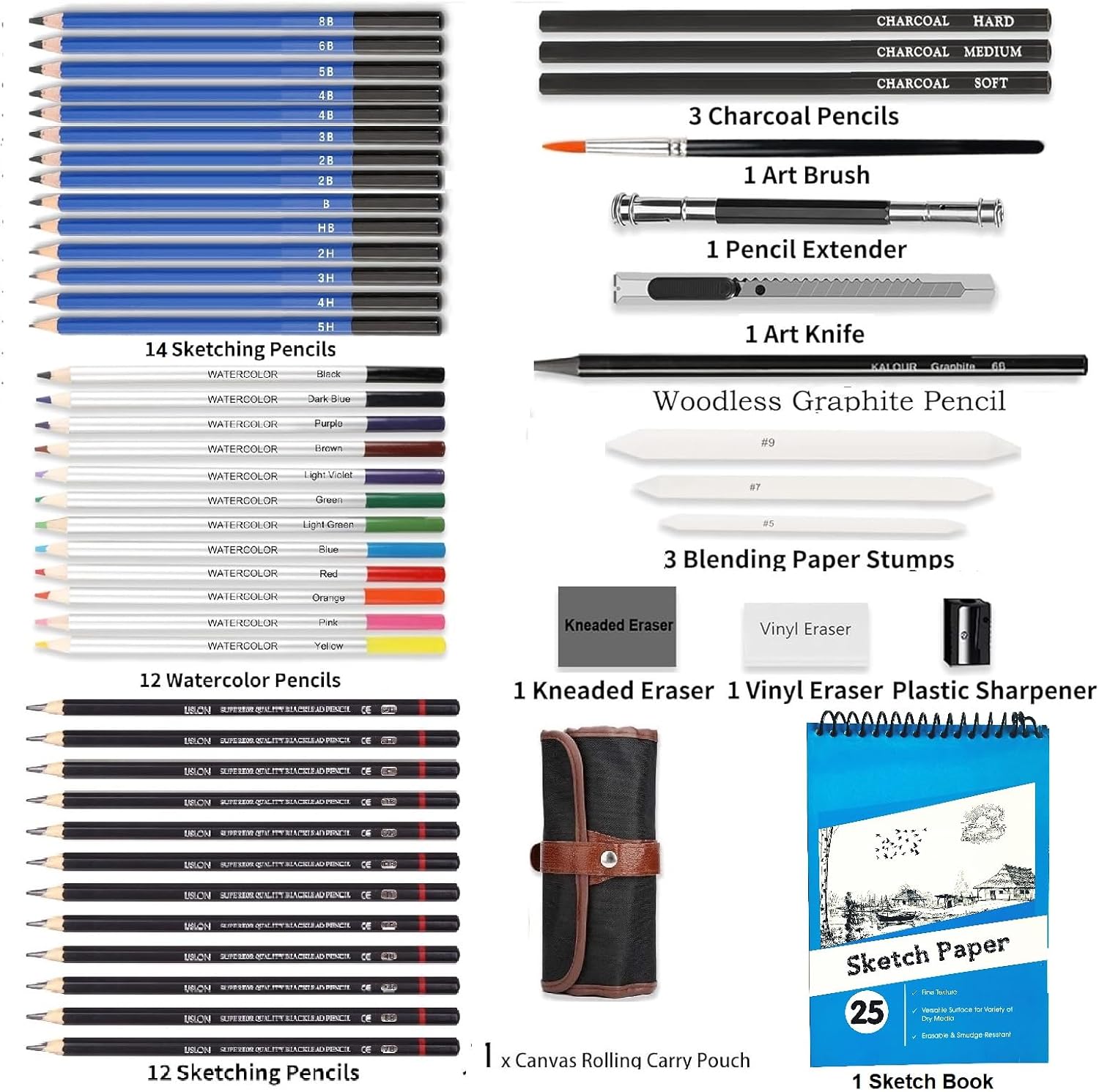 Corslet Sketch Pencils Set, Drawing Pencils, 25 Sheets, A5 Sketchbook, Charcoal Pencils for Artists, Watercolour Paints, Shadow Pencils, Set Sketchbook, Sketch Pencils, Sketch Pencils