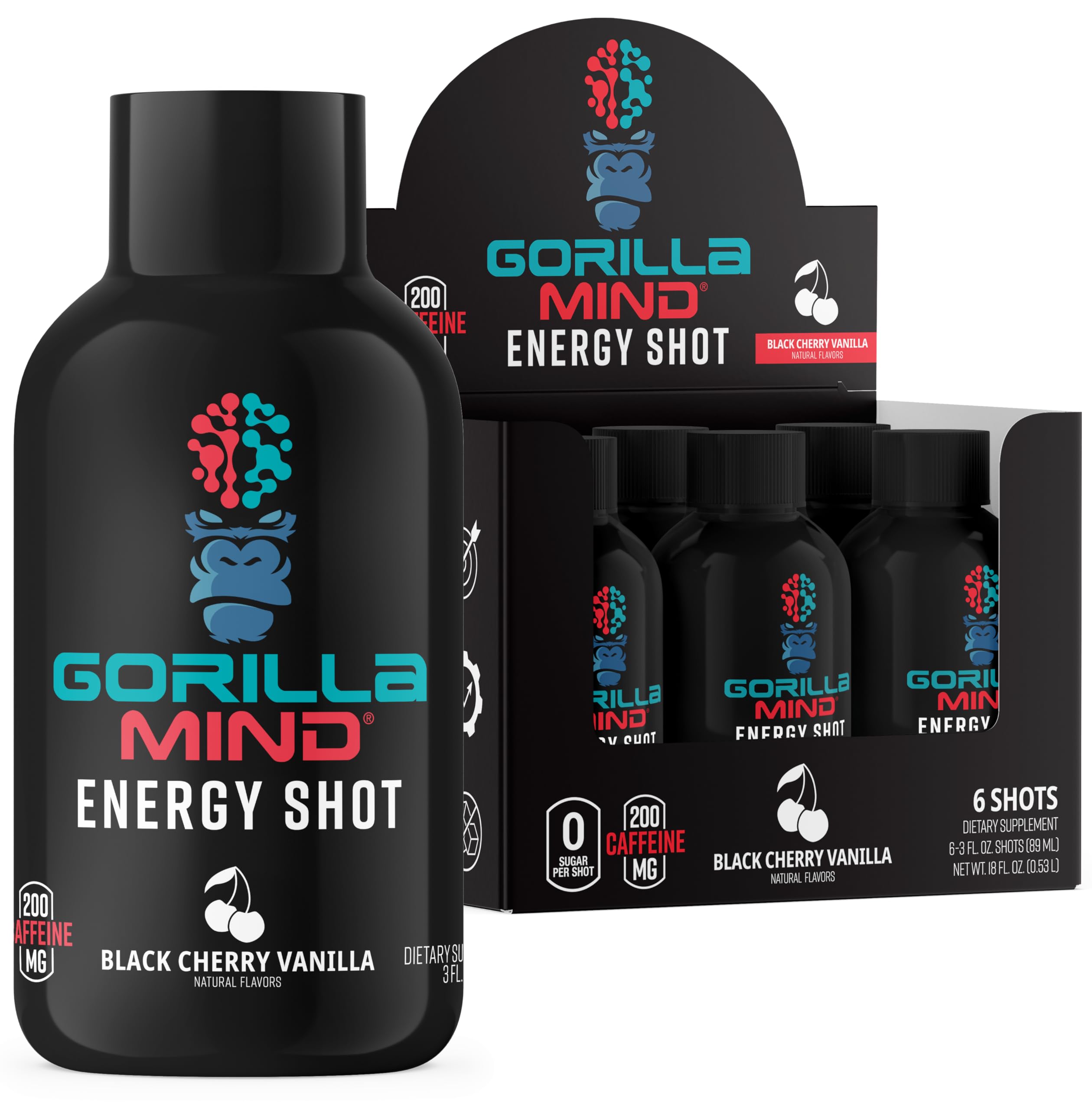 Gorilla Mode Energy Shots (6-Pack) - Energy Shots for Enhanced Focus & Energy, Sugar-Free, Fast-Acting, Potent Formula with Vitamins & Natural Extracts (Black Cherry Vanilla)