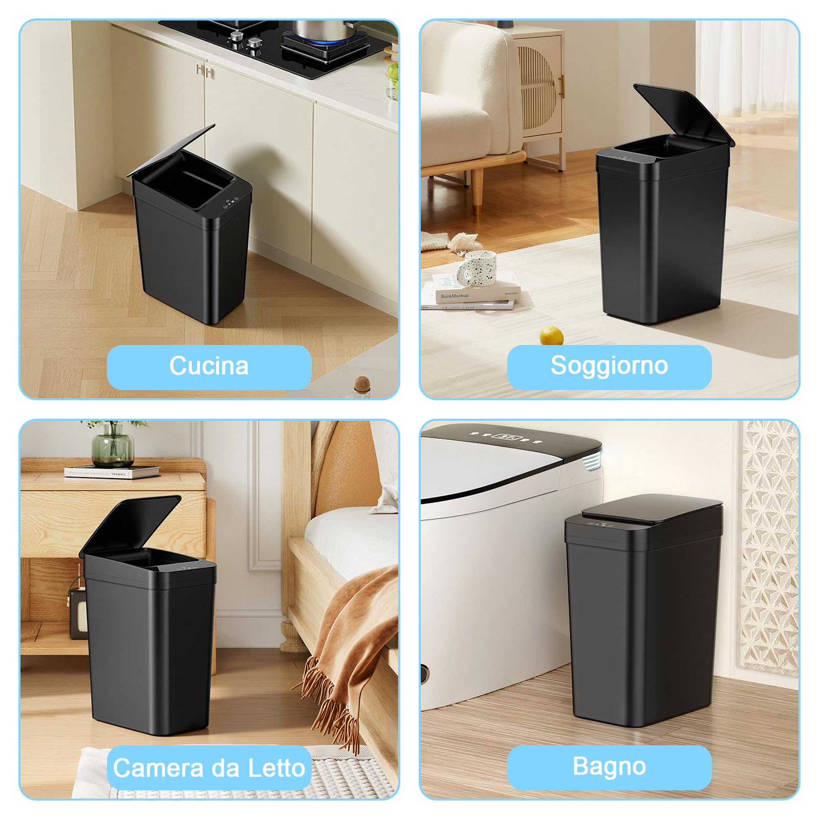 Pattumiera Bagno, 12 L Pattumiera Cucina con Coperchio, Pattumiera con Sensore Stretto, Ricaricabile, Pattumiera Automatica Silenziosa E Impermeabile, Impermeabile, per Bagno,Cucina,1200mah