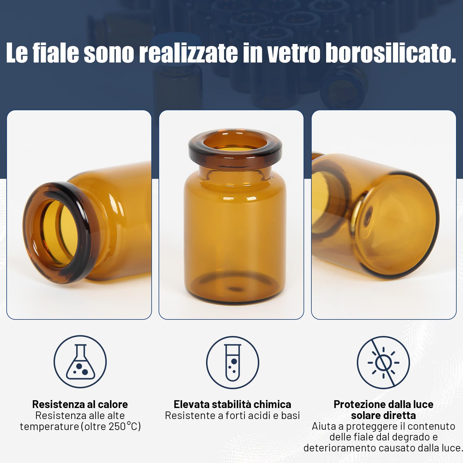 Chudeng Fiale in Vetro da 3 ml, Fiale per Spazio di Testa in Vetro Ambra da 3 ml con Tappi a Strappo e Tappi in Gomma, Confezione da 100, Fiala da Laboratorio a Fondo Piatto da 20 mm