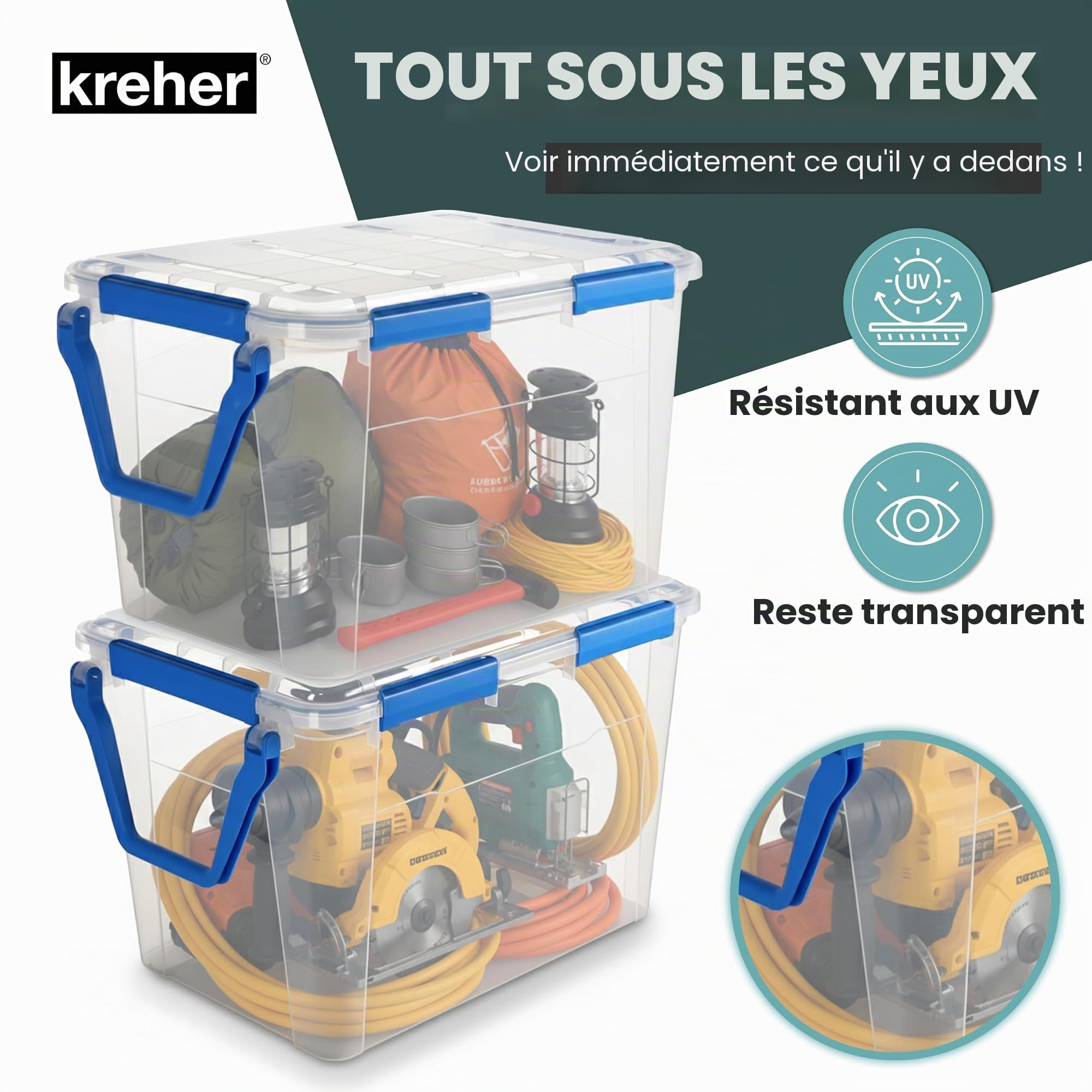 Kreher Boîte de rangement 100 litres avec couvercle, étanche, résistante à la poussière, transparente et empilable, sans BPA et sans substances nocives, boîte en plastique robuste avec joint en