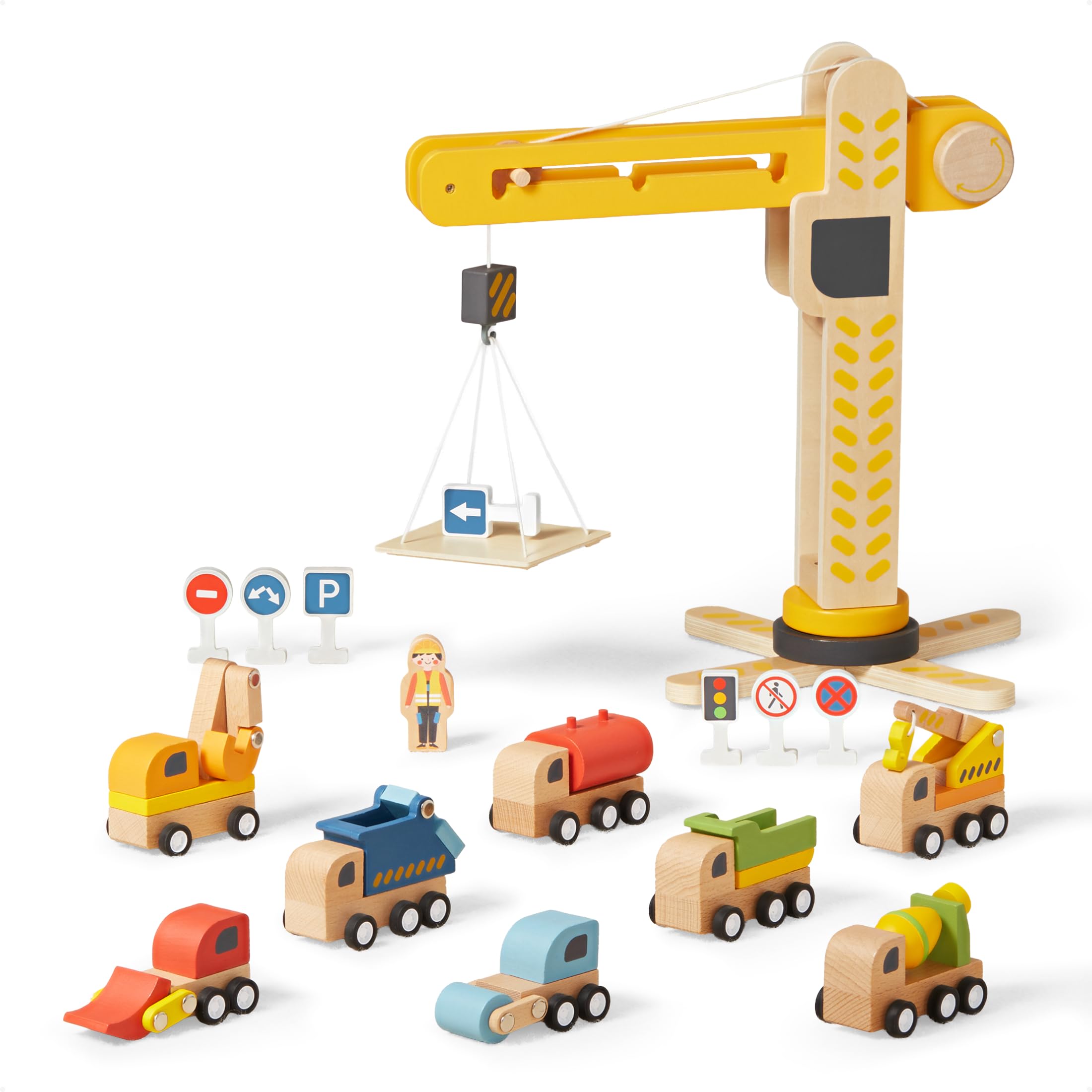 Holzspielzeug Baustelle mit Turmkran, Baufahrzeuge, Betonmischer, Ampel, Verkehrszeichen, Baustellenset 18-teilig, 360° drehbarer Hebekran für Kinder ab 3 Jahren (Jungen)