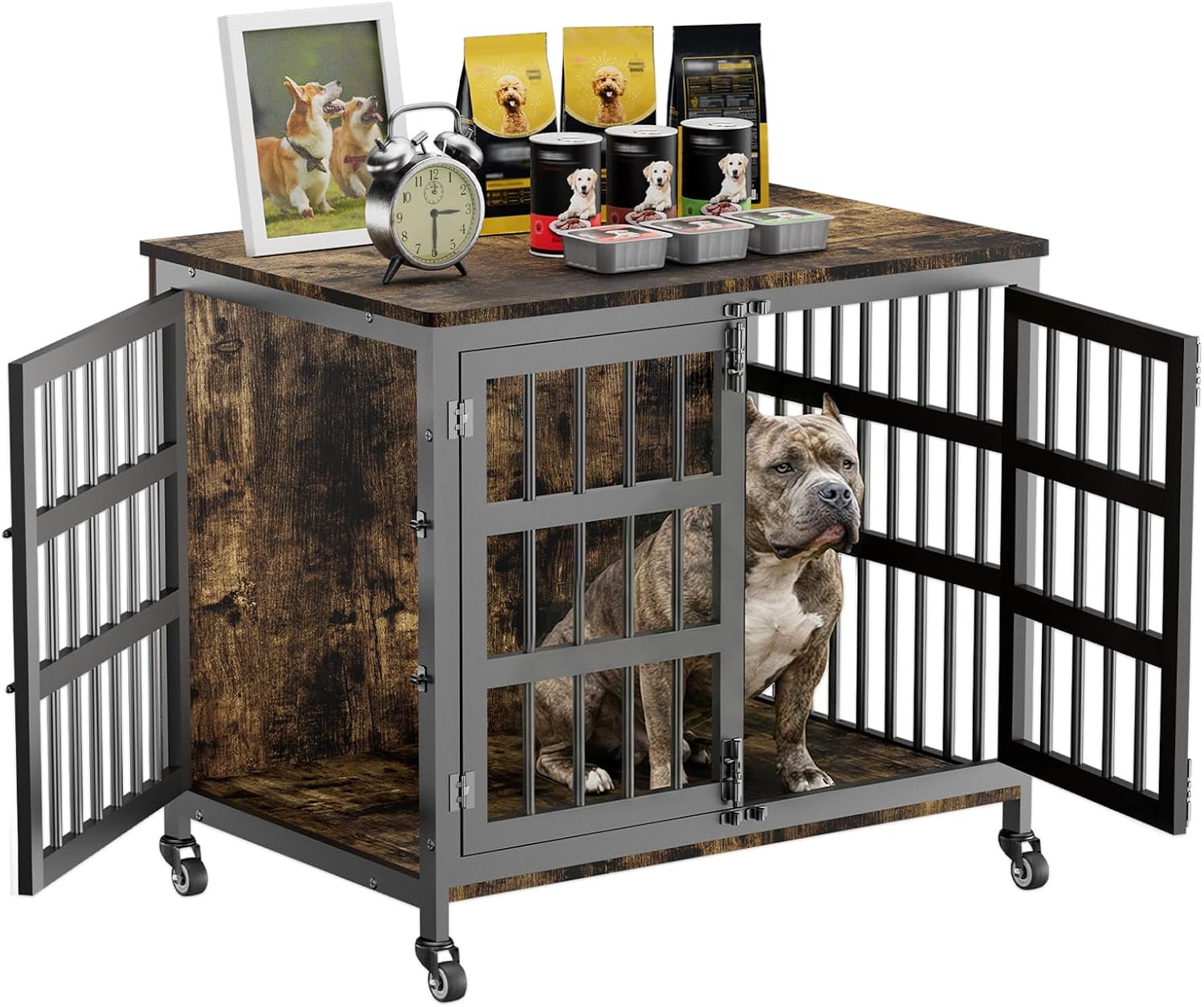 33" Dog Crate Furniture for Medium & Small Dogs with Wheels, Heavy Duty Dog Cage, Indoor Puppy Crate, Wooden Dog Kennel Table, 32.7" L x 22.8" W x 25.2" H, Decorate House as End Table — Rustic Brown