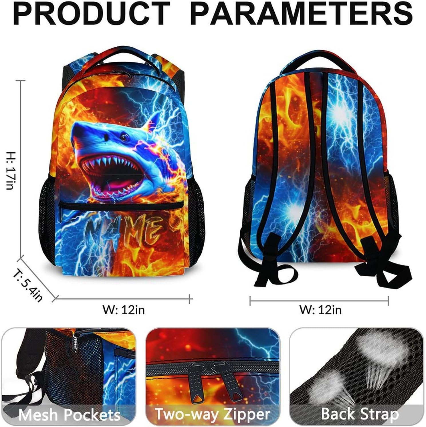 Personalized Boys Shark Backpack - Custom School Backpacks for Kids Teens Kindergarten Primary Middle Senior - 17 Inch Cool Lightweight Large Capacity Bookbag for School Travel