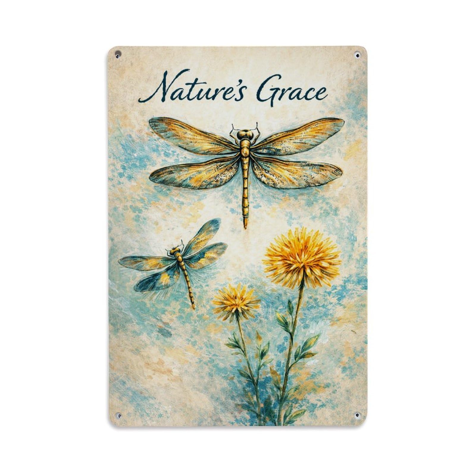 Jdfenggu Vintage Nature Grace Dragonfly Flower Print Retro Metal Tin Sign, Metal Poster For Bar, Home, Man Cave, Kitchen, Laundry Room Art Decor 8X12 Inch